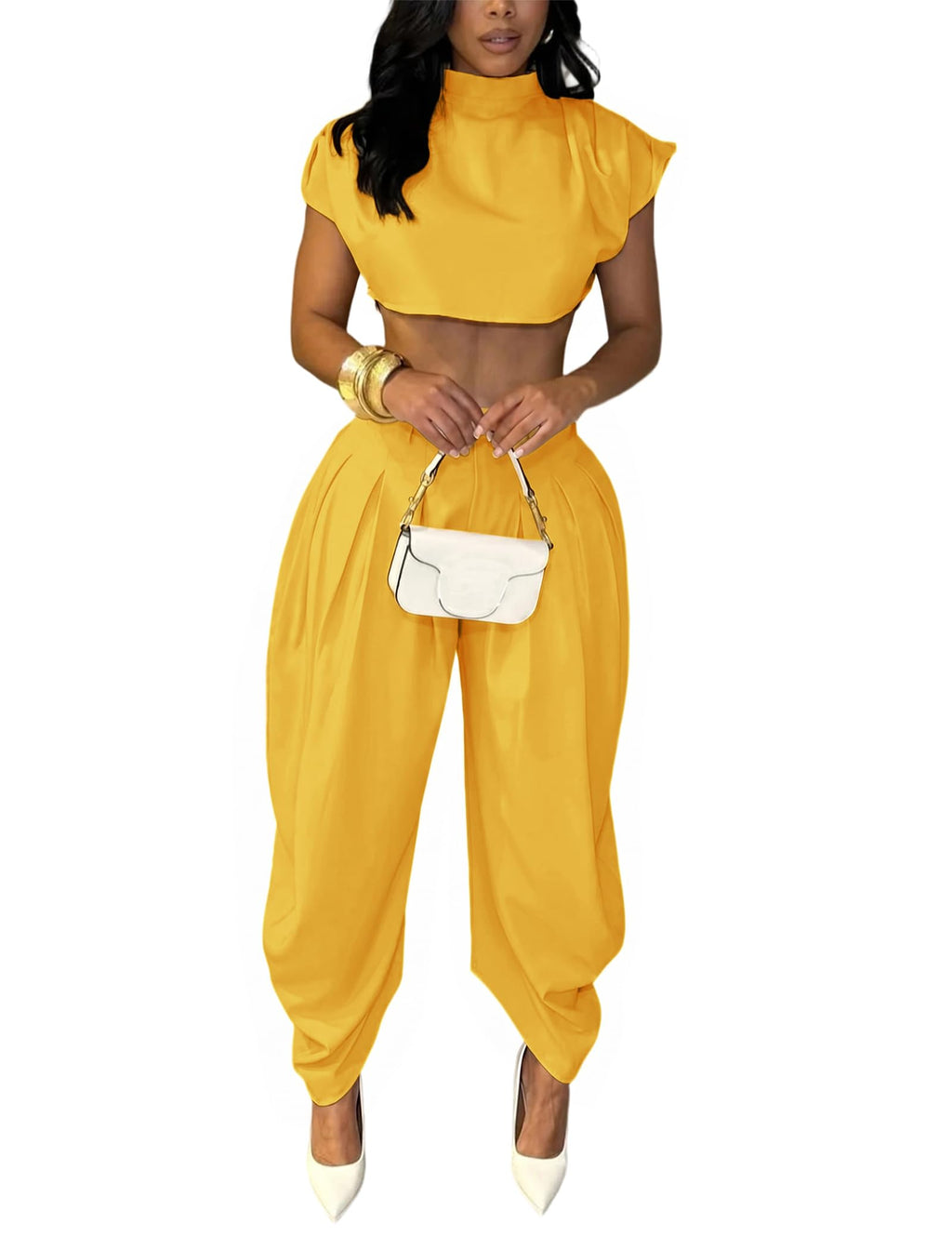 Ekaliy Womens Casual 2 Piece Outfits Cap Sleeve Crop Top Palazzo Pants Set | Mock Neck,Short Sleeve,Zipper-Back Crop Top,High-Waisted Pleated Pants,Wide Leg Dress Pants,2 Piece Sets For Women Dressy