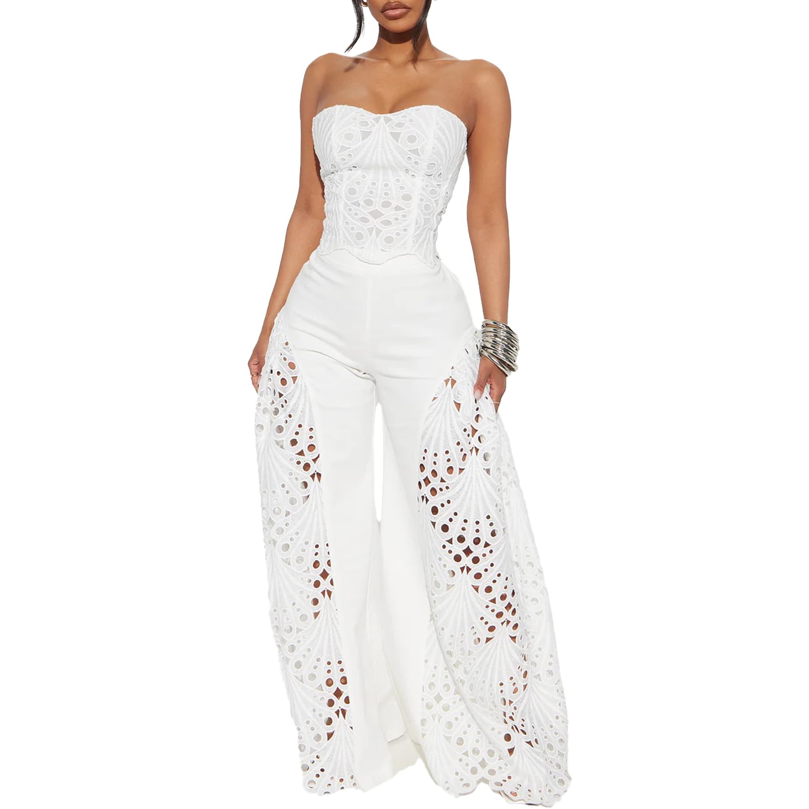 Mandonce 2 Piece Sets for Women Off Shoulder Lace Tube Top and Lace Flowy Wide Leg Pants Beach Vacation Sexy Outfit Going Out