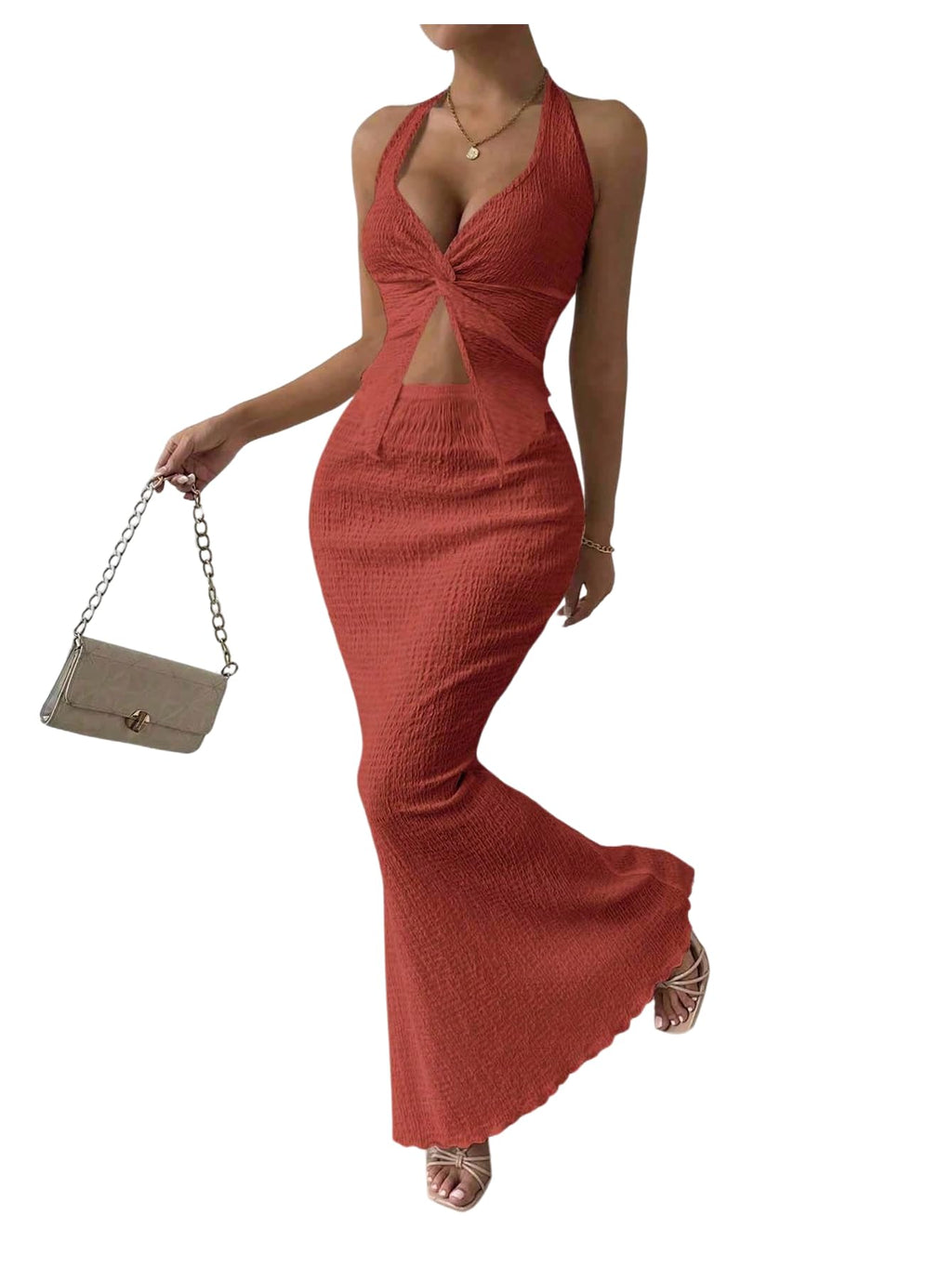 SOLY HUX Women's 2 Piece Outfit Twist Front Halter Cami Skirt Summer Set | Summer Vacation Outfits, Maxi Skirt Set