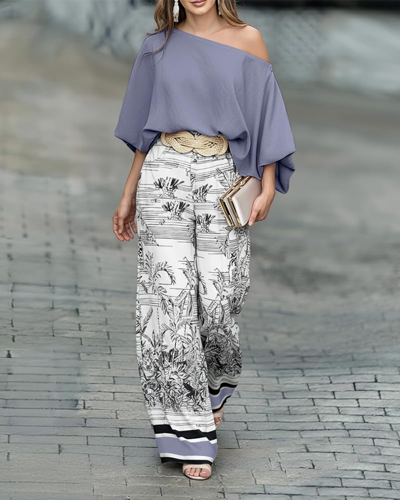 CHICME Women 2 Piece Summer Outfit Off Shoulder Flowy Wide Leg Pants Set | Off Shoulder, Lantern Sleeve Matching Set, 2 Piece Sets for Women Dressy, Vacation Travel Airport Outfits
