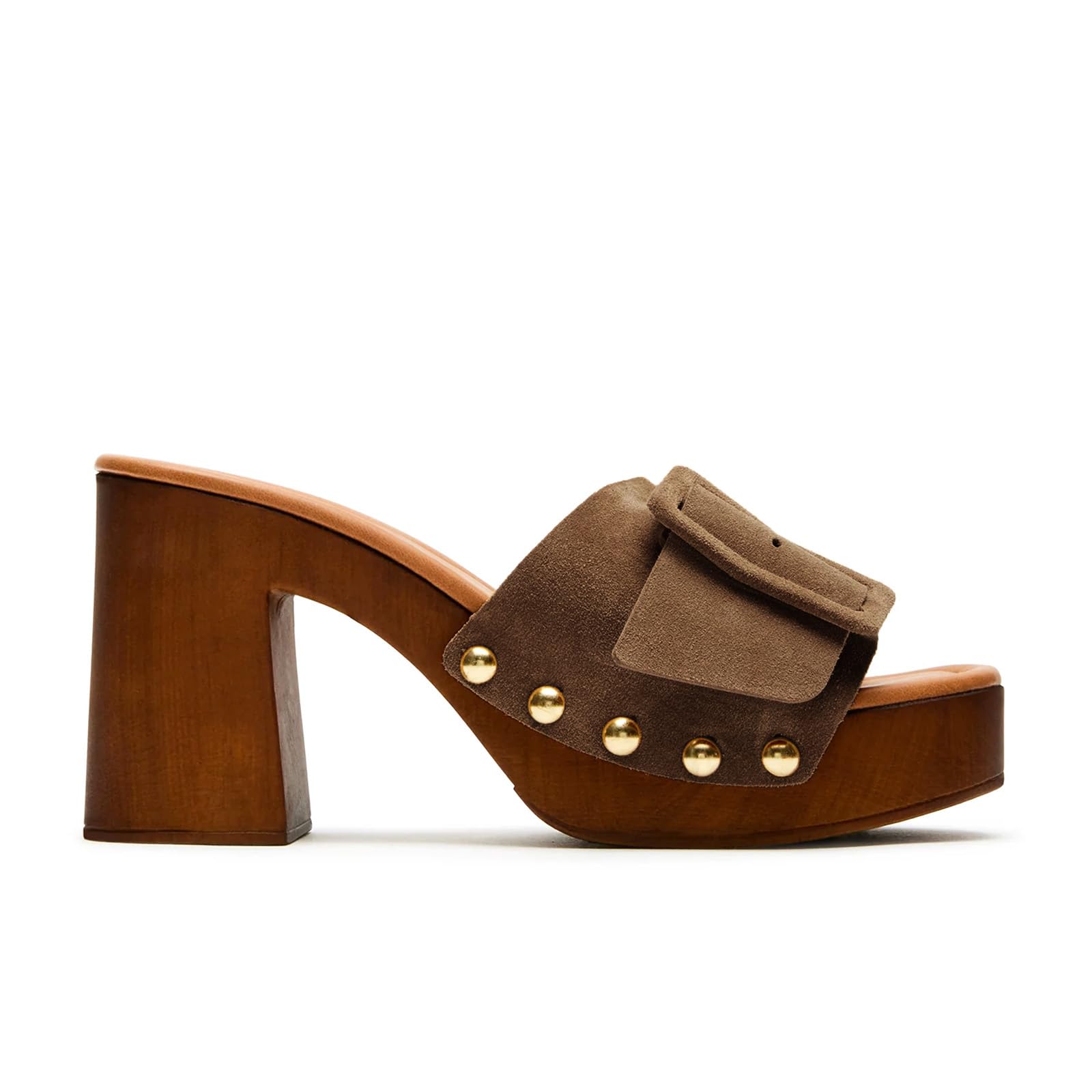 VICKI·VICKI Women's Platform Mules Suede Buckle Sandals, Sexy Open Toe High Chunky Block Heel Clogs, Retro Studded Summer Dress Slides
