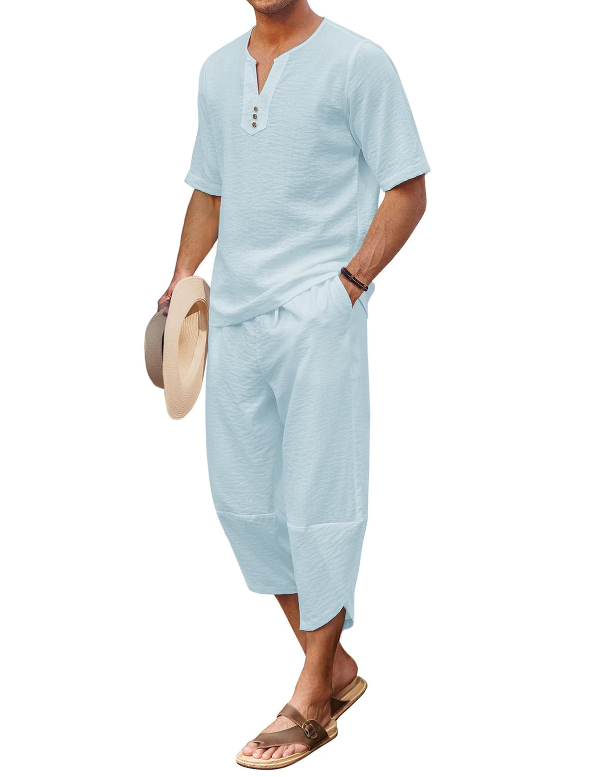 COOFANDY Men's 2 Pieces Linen Set Henley Shirt Short Sleeve and Harem Capri Pants Wide Leg Baggy Beach Yoga Trousers Outfits