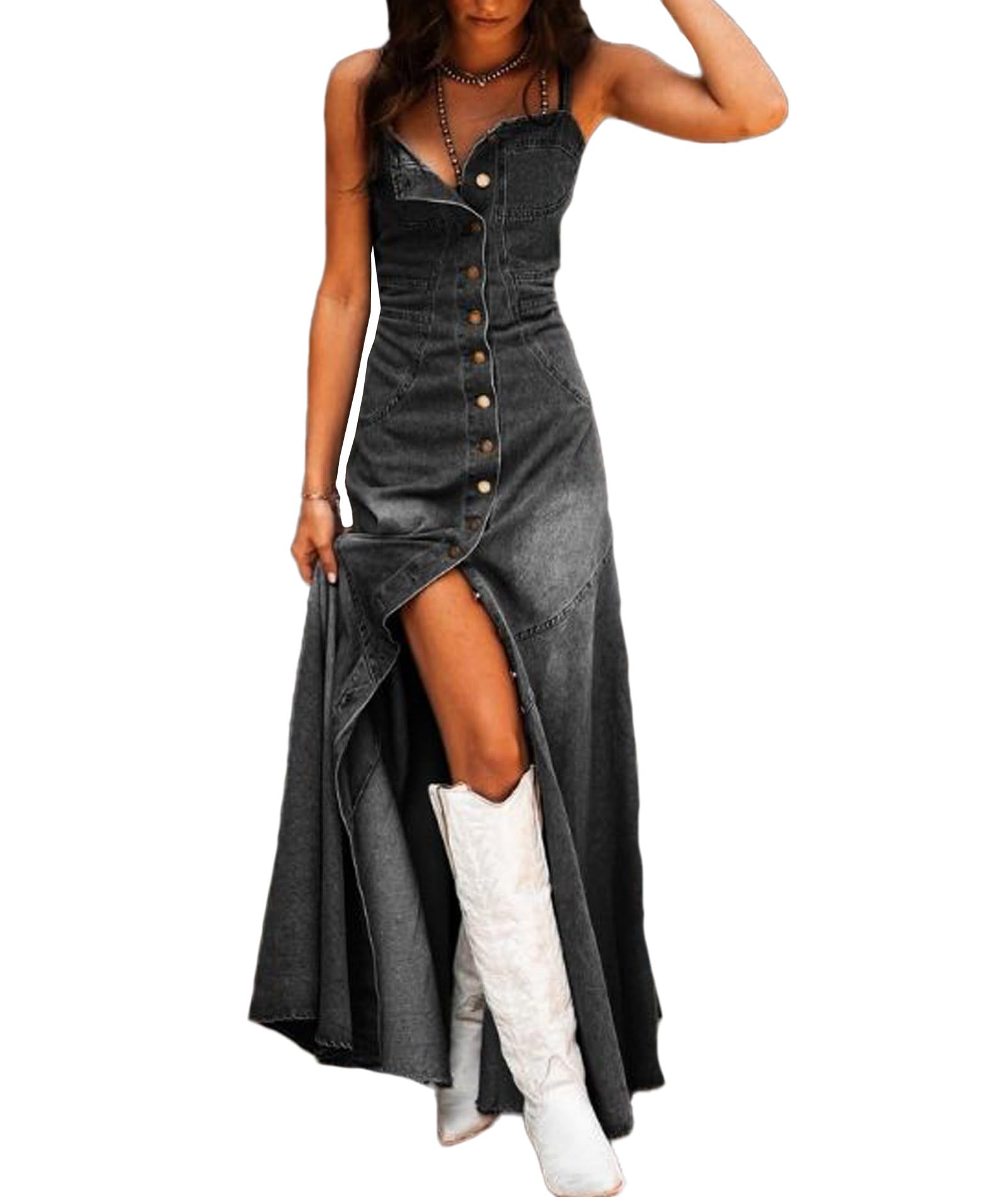 Sexyshine Women's Button Down Smocked Denim Dress Spaghetti Strap Sleeveless A-Line Flared Flowy Maxi Jean Dress