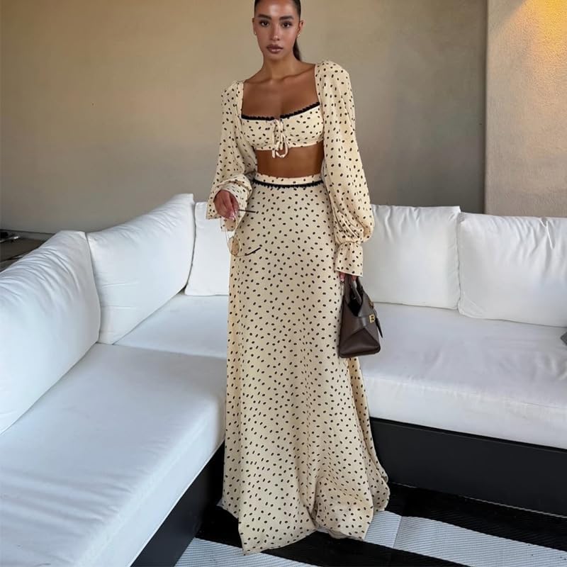 THLAI Womens Boho Two Piece Polka Dot Crop Top & Maxi Skirt Set With Long Sleeve Shrug Vacation Outfit