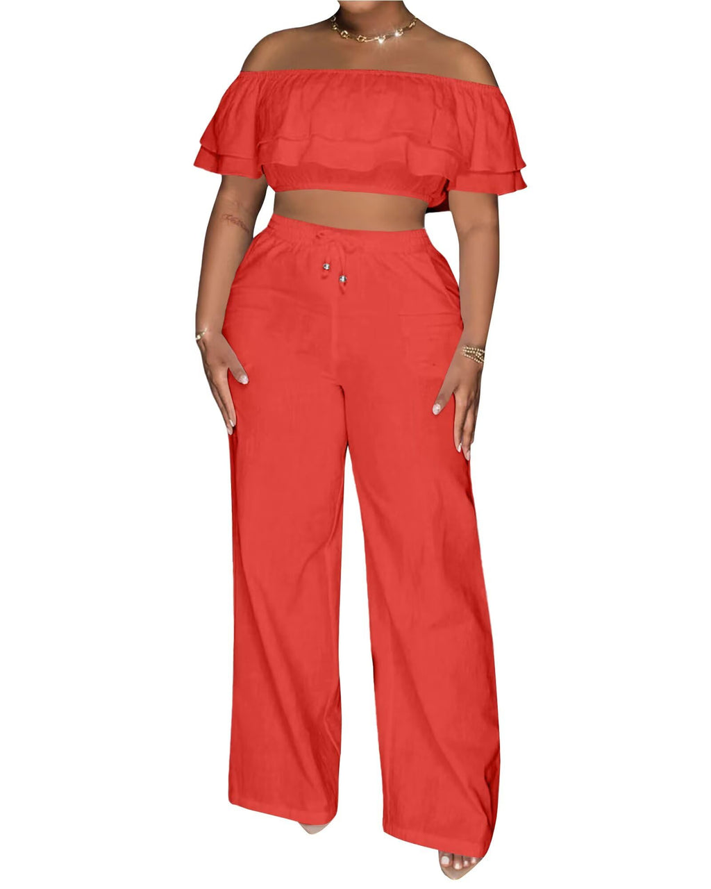 Adogirl 2 Piece Outfits for Women Ruffle Trim Crop Top Wide Leg Pants Set | 2 Piece Sets, Outfit for Women, Off Shoulder, Short Sleeve, Wide Leg Pants with Pockets, Sexy Outfits, Vacation Outfits