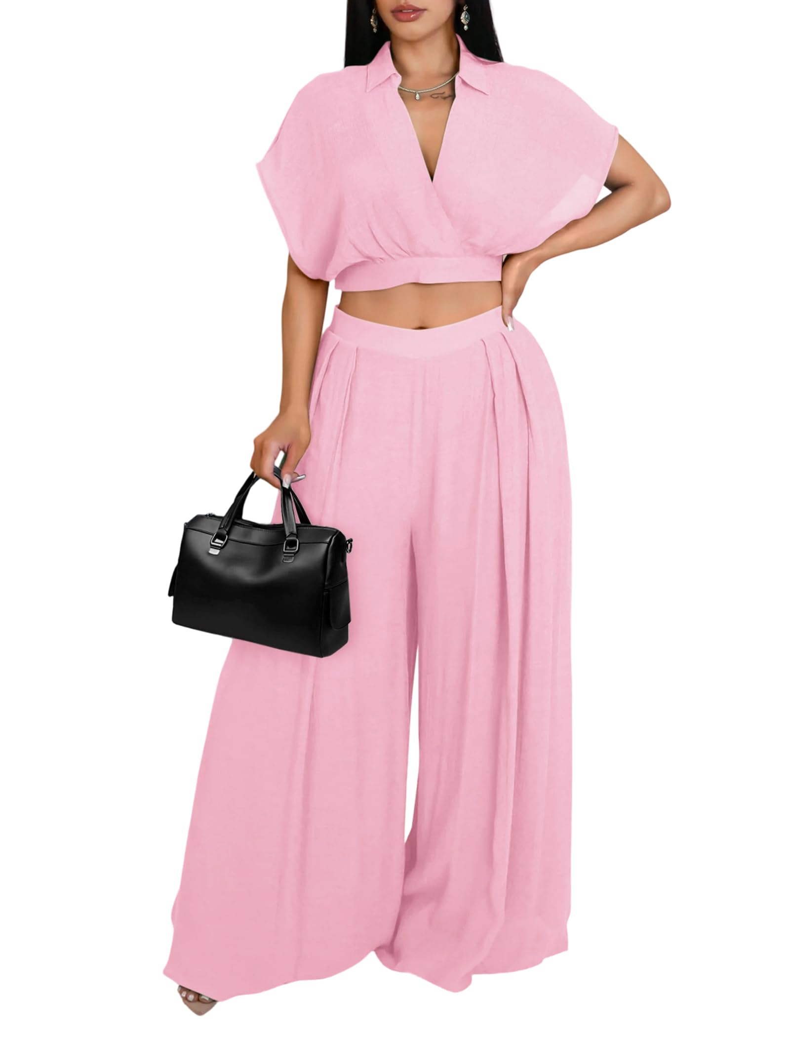 Ekaliy Women Two Piece Crop Top Flowy Wide Leg Pants Set Summer Outfits | Lightweight breathable fabric,batwing V-neck crop top,elastic waist wide leg lined pants with pockets for casual wear.