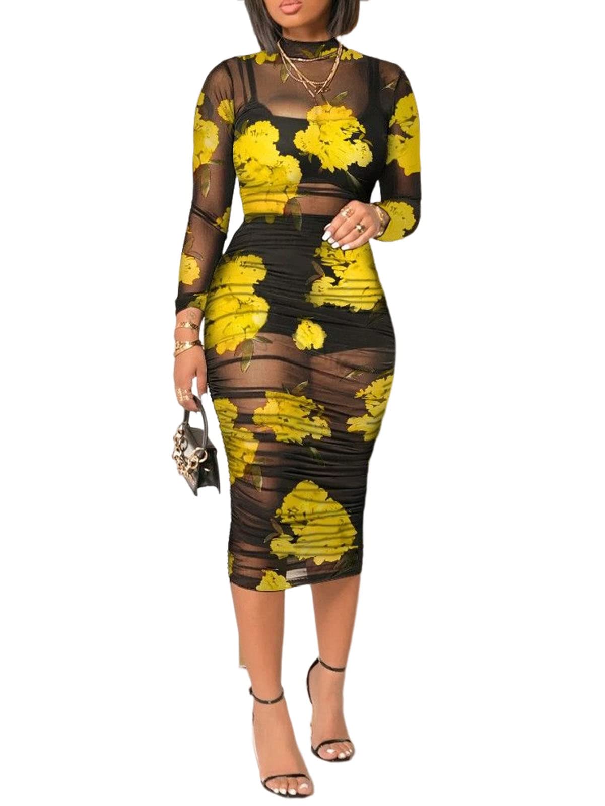 Women Sexy See Through Sheer Mesh Bodycon Midi Dress Long Sleeve Skirt 3 Piece Outfits Set Floral Print Cover Up