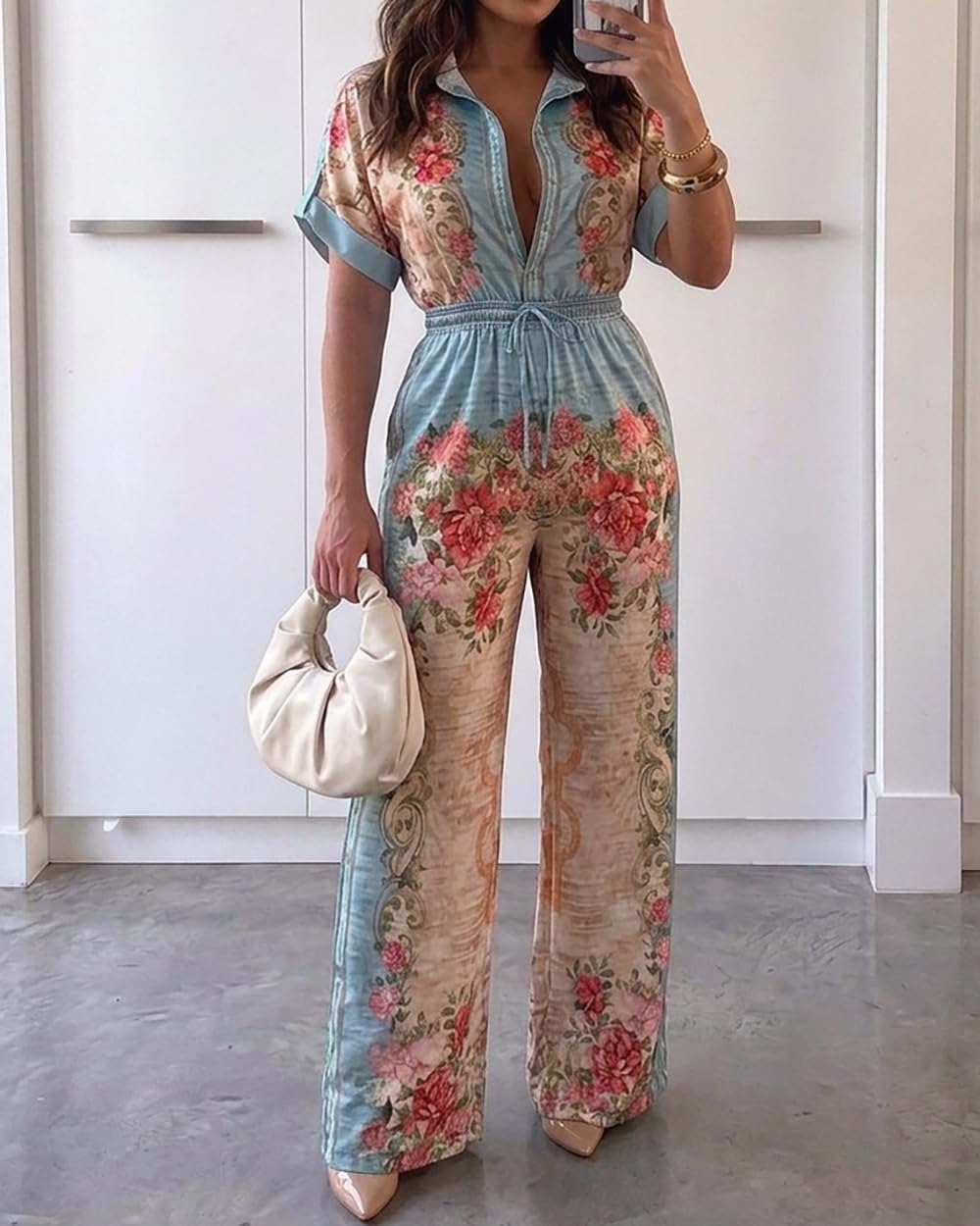 CHICME Womens Jumpsuit Boho Floral Wide Leg Vacation Outfit | Long Pant Rompers with Pockets,Roll Up Short Sleeve,Button Front,Drawstring High Waist,One Piece,Casual,Summer Beach