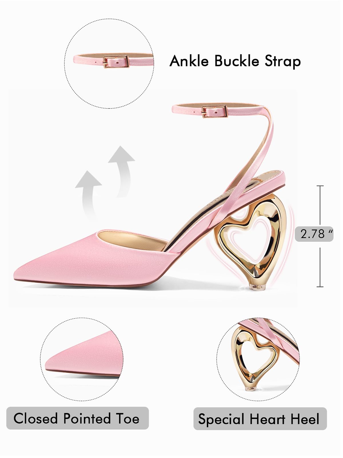 Coutgo Womens Kitten Heels Closed Pointed Toe Heart Heel Ankle Strap Satin Pumps Wedding Prom Dress Valentine Shoes