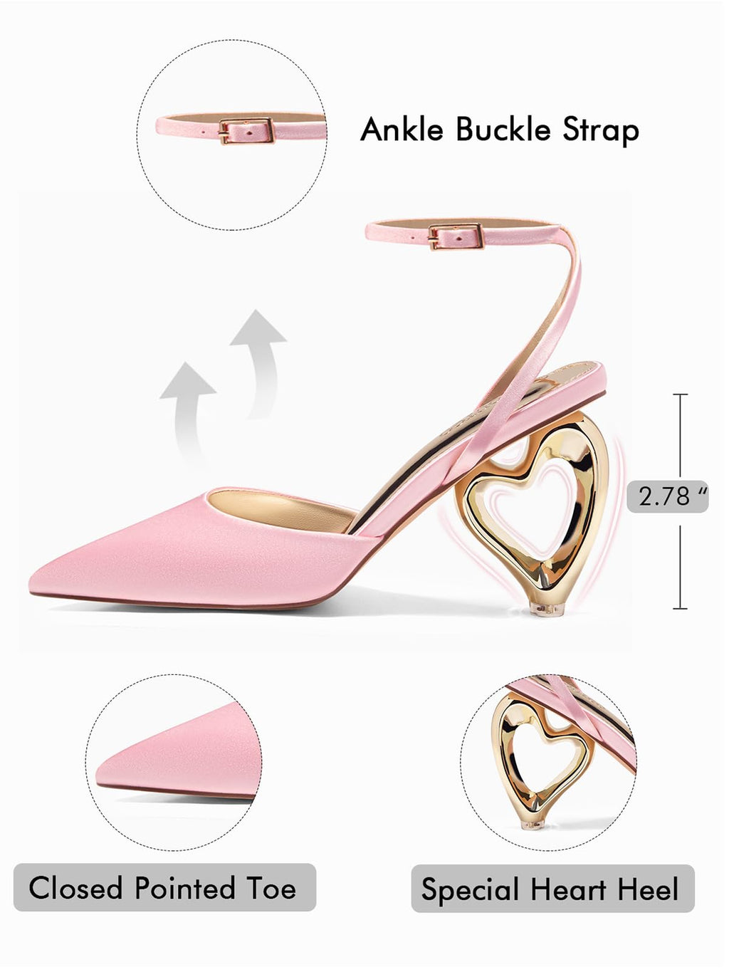 Coutgo Womens Kitten Heels Closed Pointed Toe Heart Heel Ankle Strap Satin Pumps Wedding Prom Dress Valentine Shoes