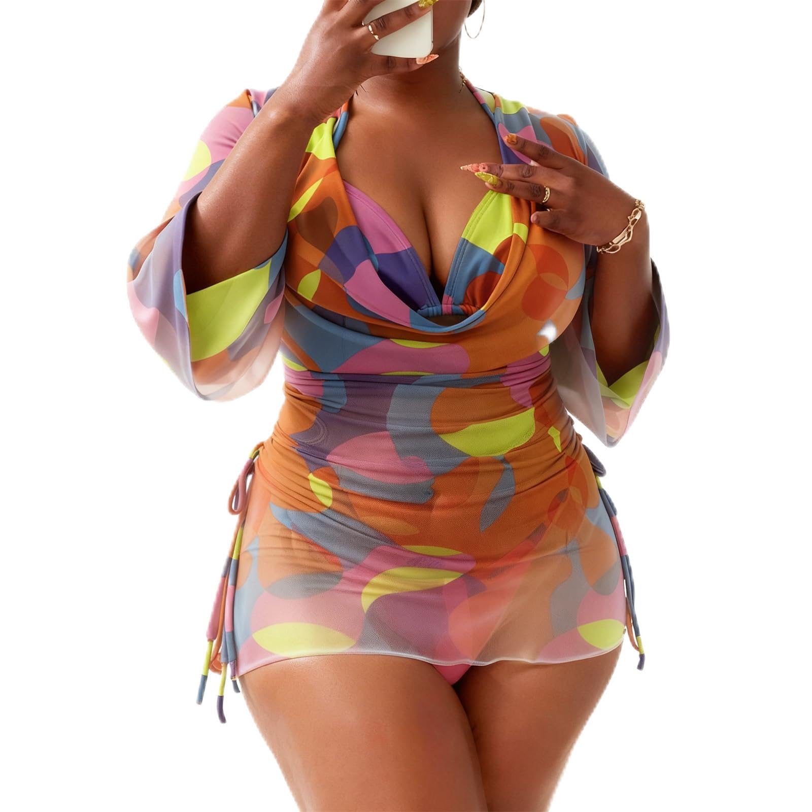 Women's Plus Size Halter String Triangle Bikini Sets 3 Piece Swimsuits with Side Ruched Drawstring Cover Up