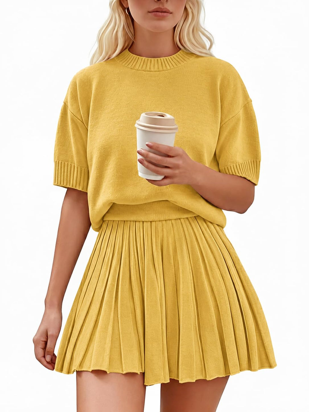 Womens 2 Piece Outfits 2026 Short Sleeve Crewneck Knit Tops And Pleated Mini Skirt Two Piece Sets