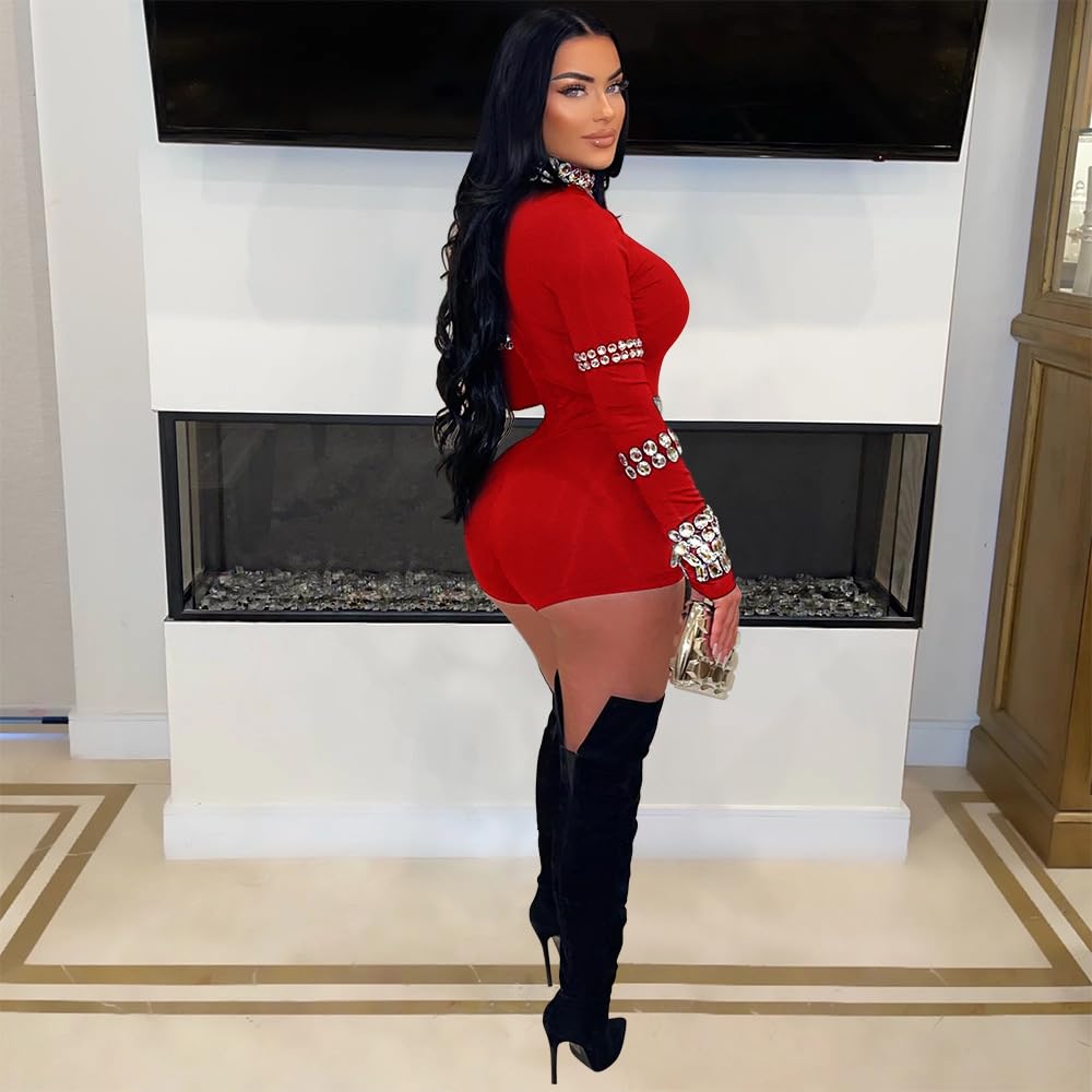chicyes Women's Jumpsuits Sexy Long Sleeve Date Night Rompers Rhinestone Sparkly Party Club Spring Outfits Fall Concert