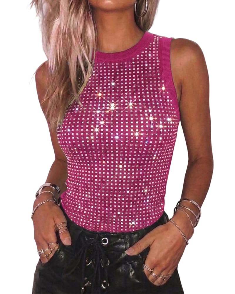 CHICME Women's Sleeveless Rhinestone Tank Tops Summer Sparkly Ribbed Tops | Basic Tank Tops for Women, Sleeveless Sparkly Tops, Ribbed Knit Fabric, Slim Fit Party Concert Y2K Outfit