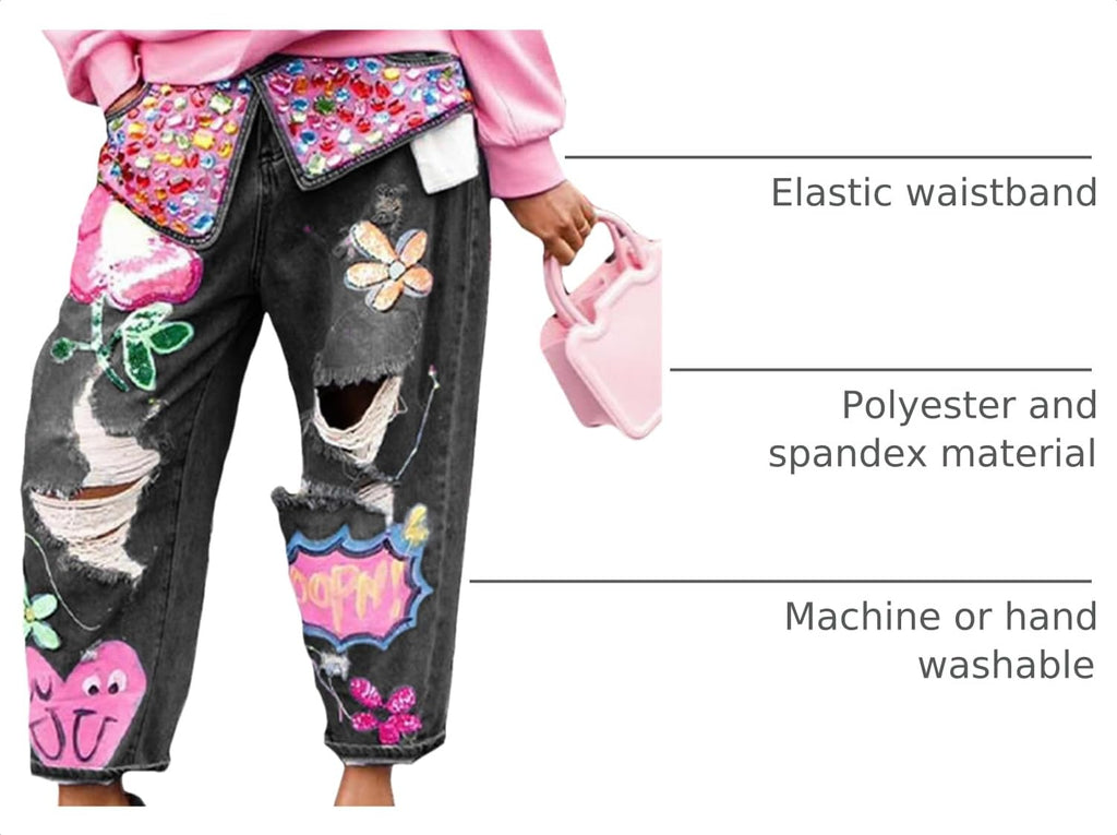 Women's Barrel Jeans Wide Leg High Waist Rhinestone Floral Horseshoe Ripped Baggy Cropped Jeans Denim Pants