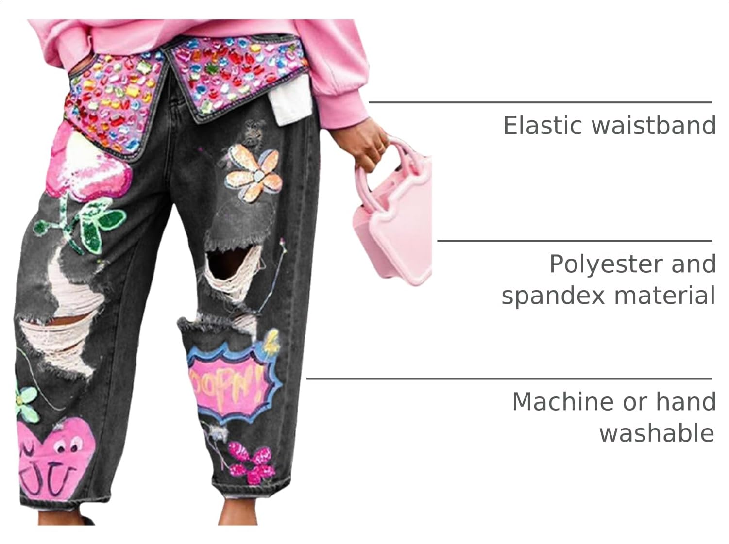 Women's Barrel Jeans Wide Leg High Waist Rhinestone Floral Horseshoe Ripped Baggy Cropped Jeans Denim Pants