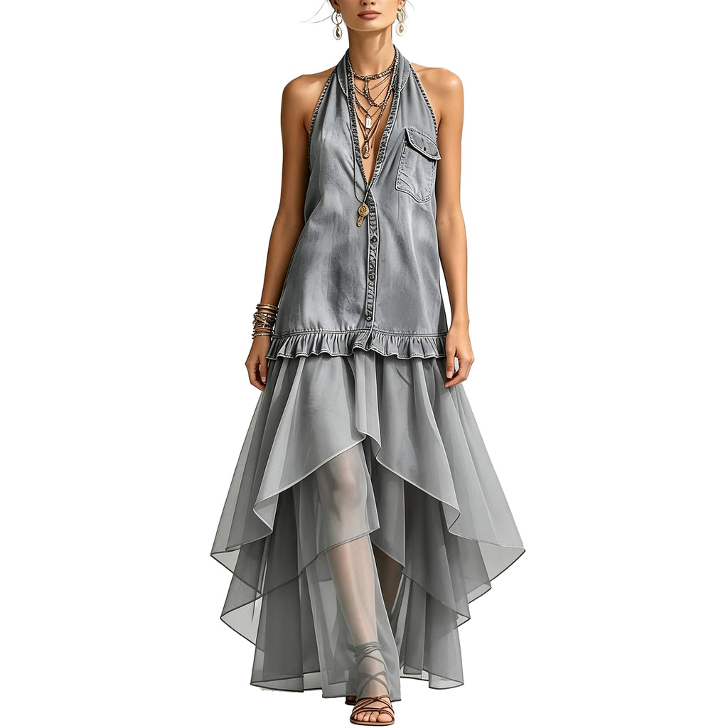 Women's Halter Denim Sleeveless Shirt Dress Mesh Patchwork Irregular High‑Low Maxi Dress Ruffled Tiered Vacation Dress