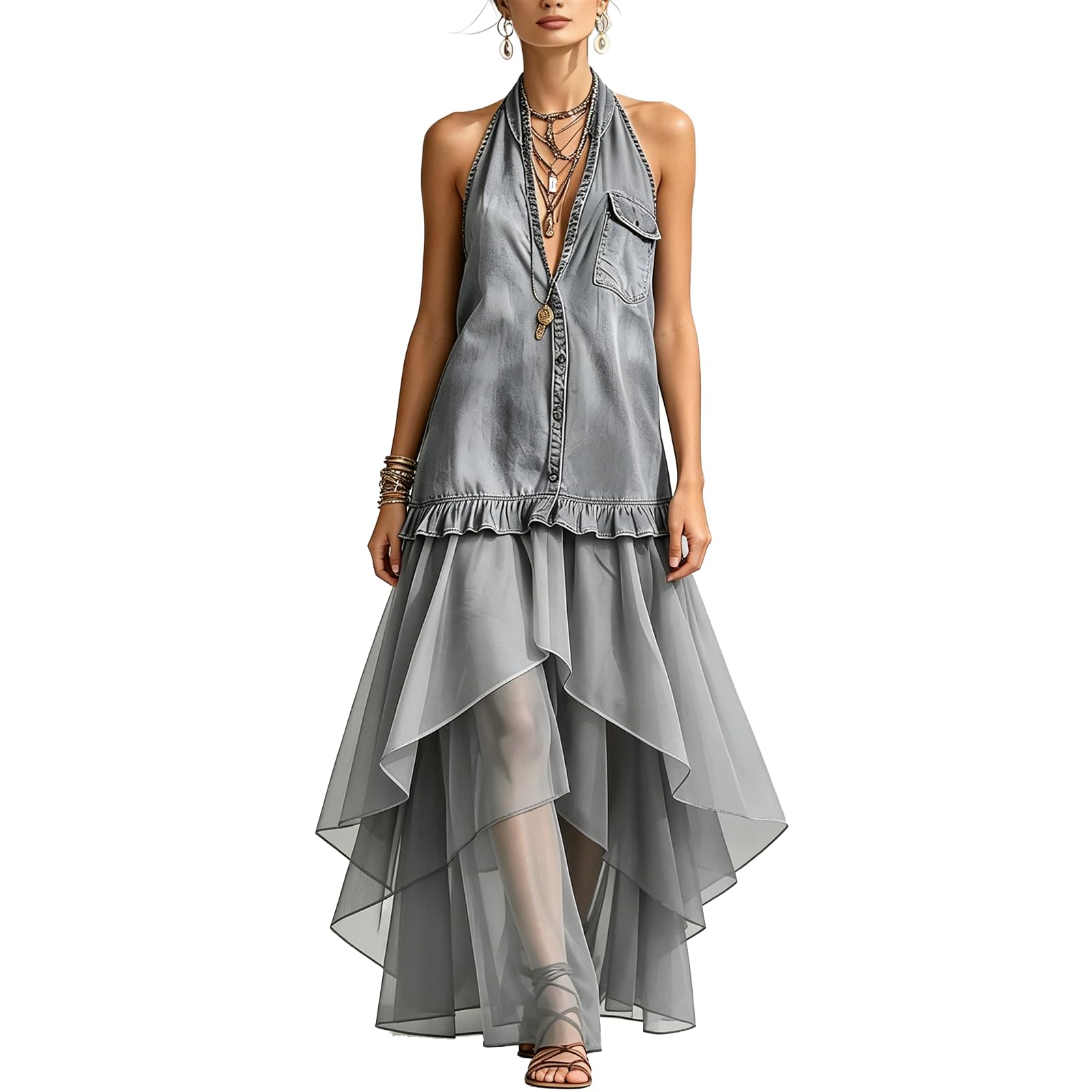 Women's Halter Denim Sleeveless Shirt Dress Mesh Patchwork Irregular High‑Low Maxi Dress Ruffled Tiered Vacation Dress