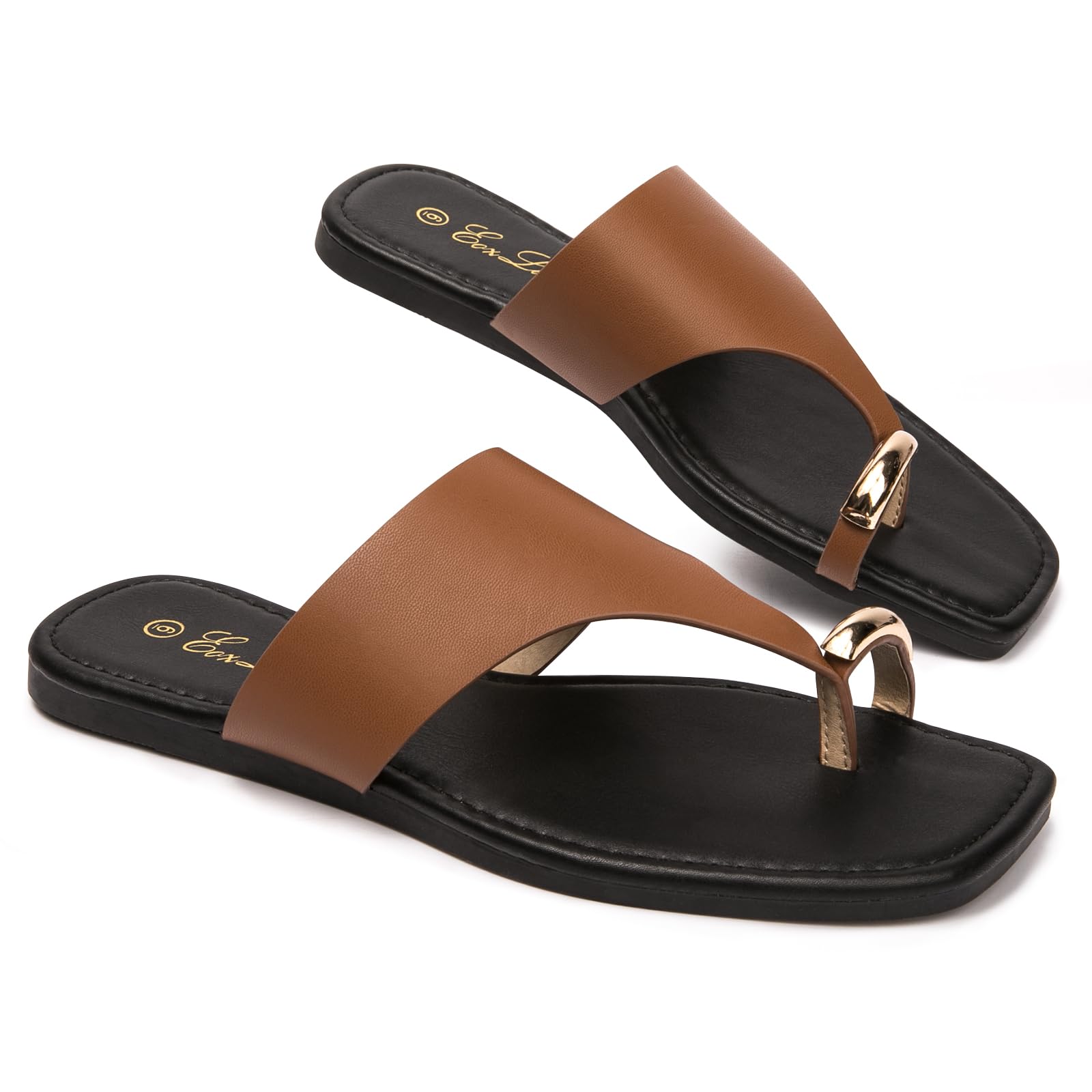 Eozlink Women's Toe Ring Flat Sandals, Slip On Dressy Summer Slides | PU Upper with Square Toe and Metal Accent for Resort and Casual Outfits