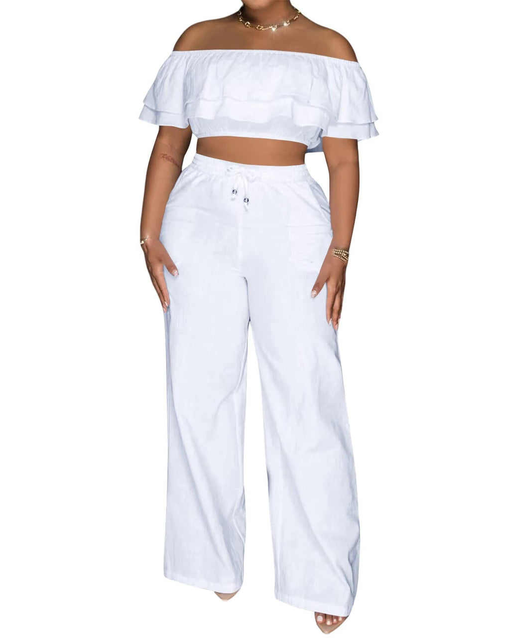 Adogirl 2 Piece Outfits for Women Ruffle Trim Crop Top Wide Leg Pants Set | 2 Piece Sets, Outfit for Women, Off Shoulder, Short Sleeve, Wide Leg Pants with Pockets, Sexy Outfits, Vacation Outfits