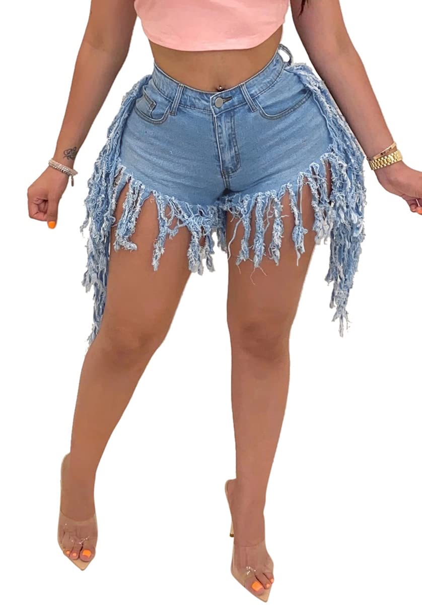 Women's Denim Shorts High Waisted Frayed Raw Hem Ripped Short Jeans | Fringe,Summer,Stretchy,with Pockets