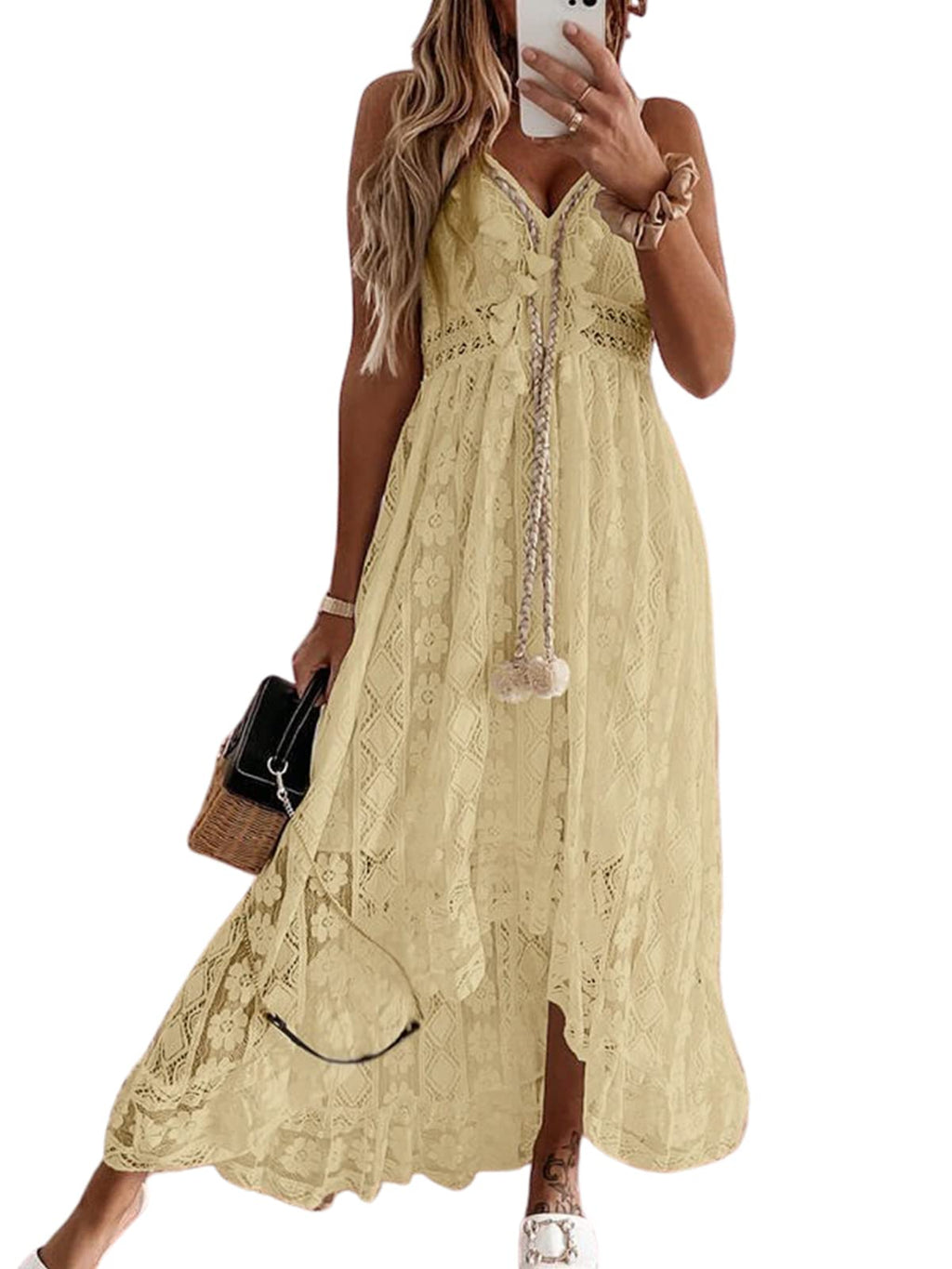 CUPSHE Womens Lace Summer Maxi Dresses 2026 Beach Wear | V Neck Spaghetti Straps Sundress, Tassel, Boho Pom Poms, Flowy Vacation Outfits, Resort Wear, Graduation Wedding Guest Looks