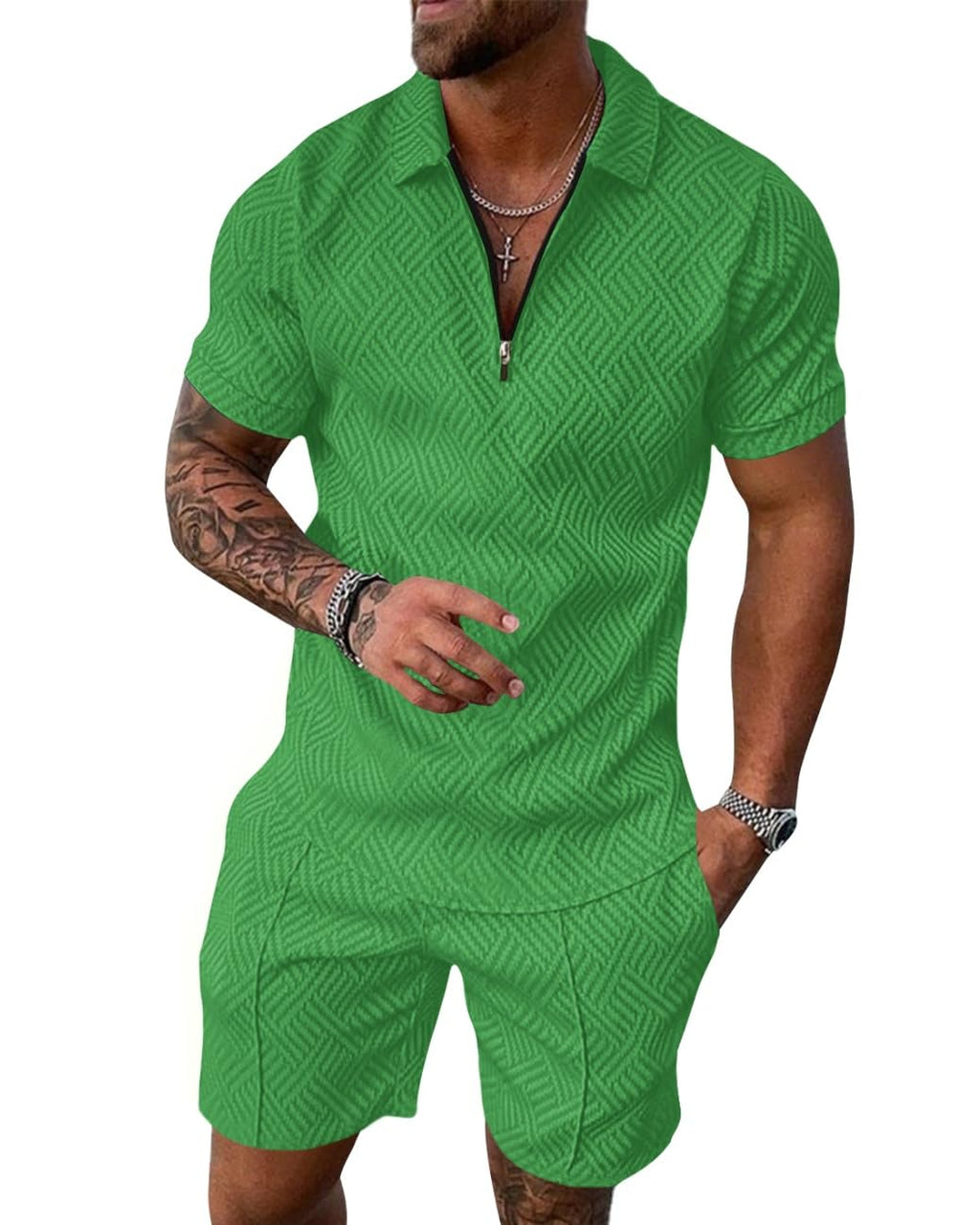 Aulemen Mens 2 Piece Zip Tracksuit Short Sleeve Set Summer Outfits for Men | Polo Shirt and Shorts Sets Activewear Short Set