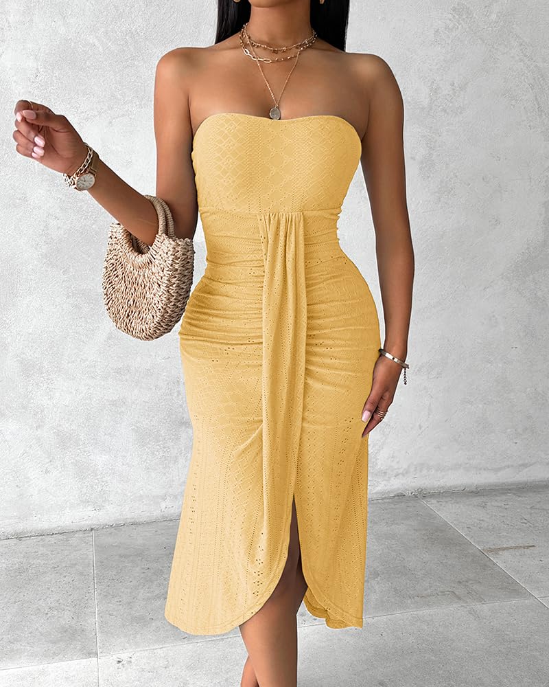 CHICME Women's Strapless Bodycon Maxi Dress Asymmetrical Hem | Ruched Wrap Detail, Eyelet Embroidery, Soft Stretch Fabric, Tube Top Neckline, Beach Vacation Wear, Wedding Guest Outfit