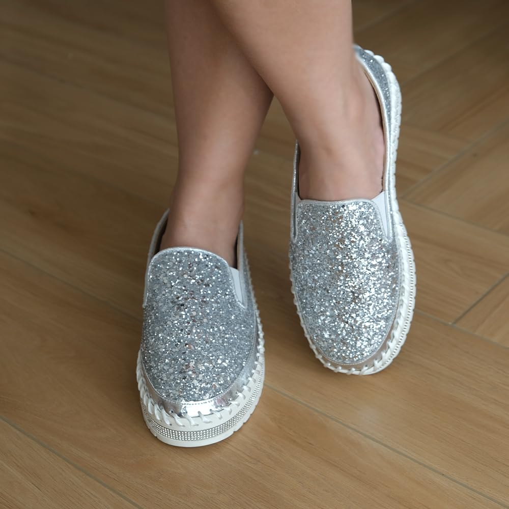 Women's Platform Rhinestones Glitter Fashion Sneakers Comfortable Slip On Flat Loafers Walking Wedding Dress Shoes Casual Shoes