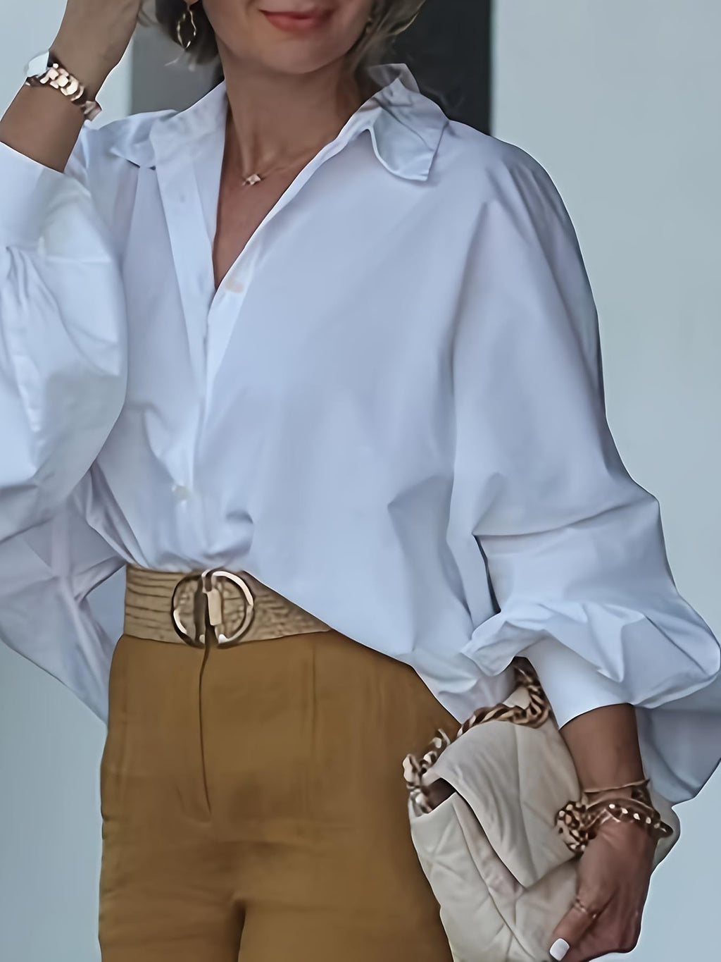 UOOZEE Women's Long Lantern Sleeve Button Down Shirt Cotton Loose Fit Lapel Collar Blouse Dressy Casual Office Work Tops