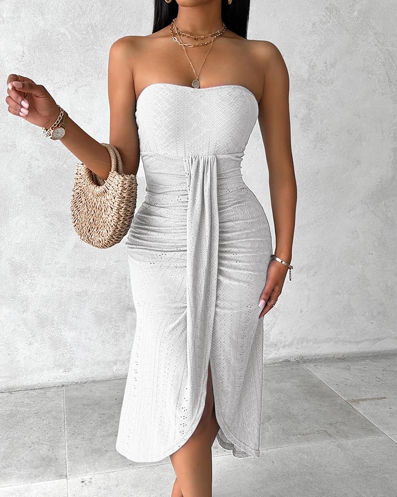 CHICME Women's Strapless Bodycon Maxi Dress Asymmetrical Hem | Ruched Wrap Detail, Eyelet Embroidery, Soft Stretch Fabric, Tube Top Neckline, Beach Vacation Wear, Wedding Guest Outfit