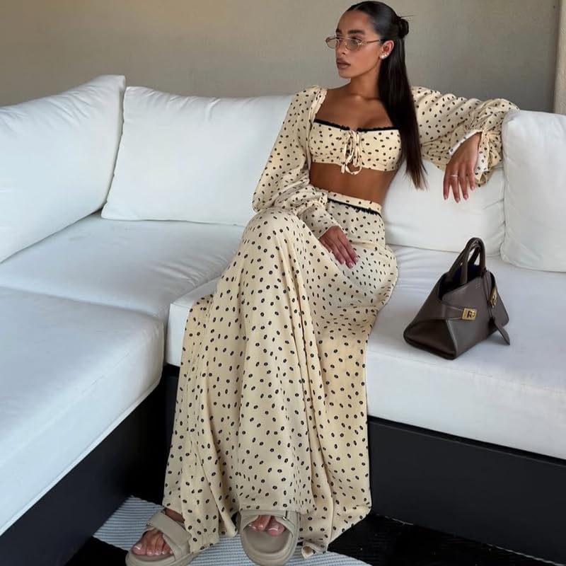 THLAI Womens Boho Two Piece Polka Dot Crop Top & Maxi Skirt Set With Long Sleeve Shrug Vacation Outfit