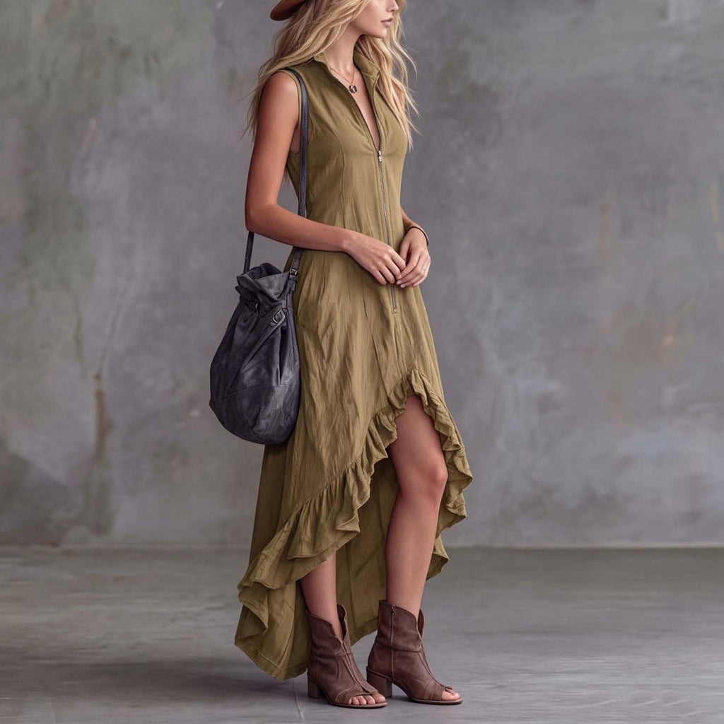 YMADREIG Boho Dresses for Women 2026 Cotton Linen Western Maxi Dress Summer Sleeveless High Low Ruffle Hem Dress with Pocket