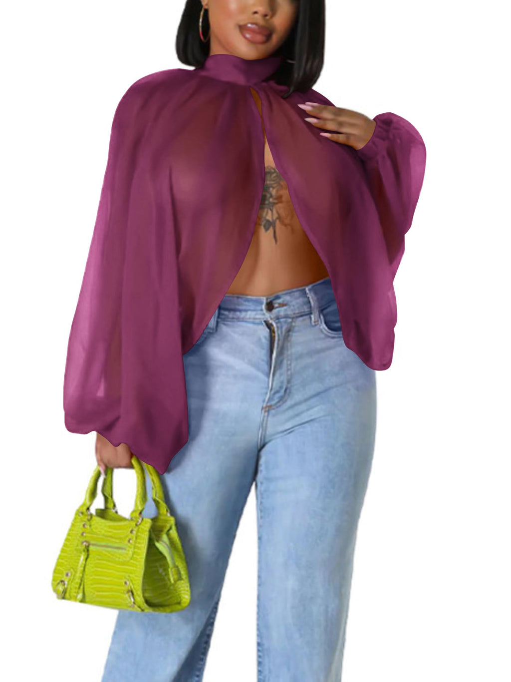 Sexy Tops for Women Party Club Night Batwing Sleeve Chiffon Blouse | Floral Print Blouse Shirts,Puff Sleeve,Going out Tops,Front Open Style,Lantern Sleeve Boho Chiffon Fall Tops 2026