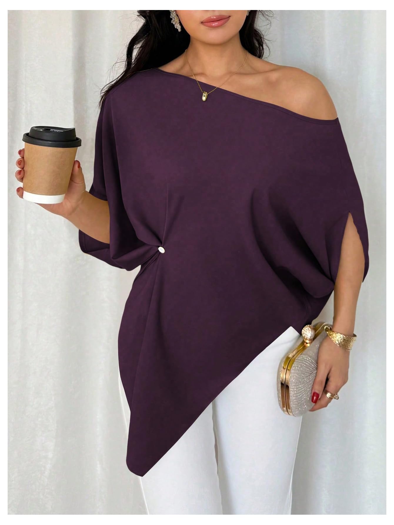 SHENHE Women's Off Shoulder Dolman Sleeve Blouses Asymmetrical Flowy Tops | Casual, Loose, Blouses With Waist Pleats, Asymmetrical, Elegant