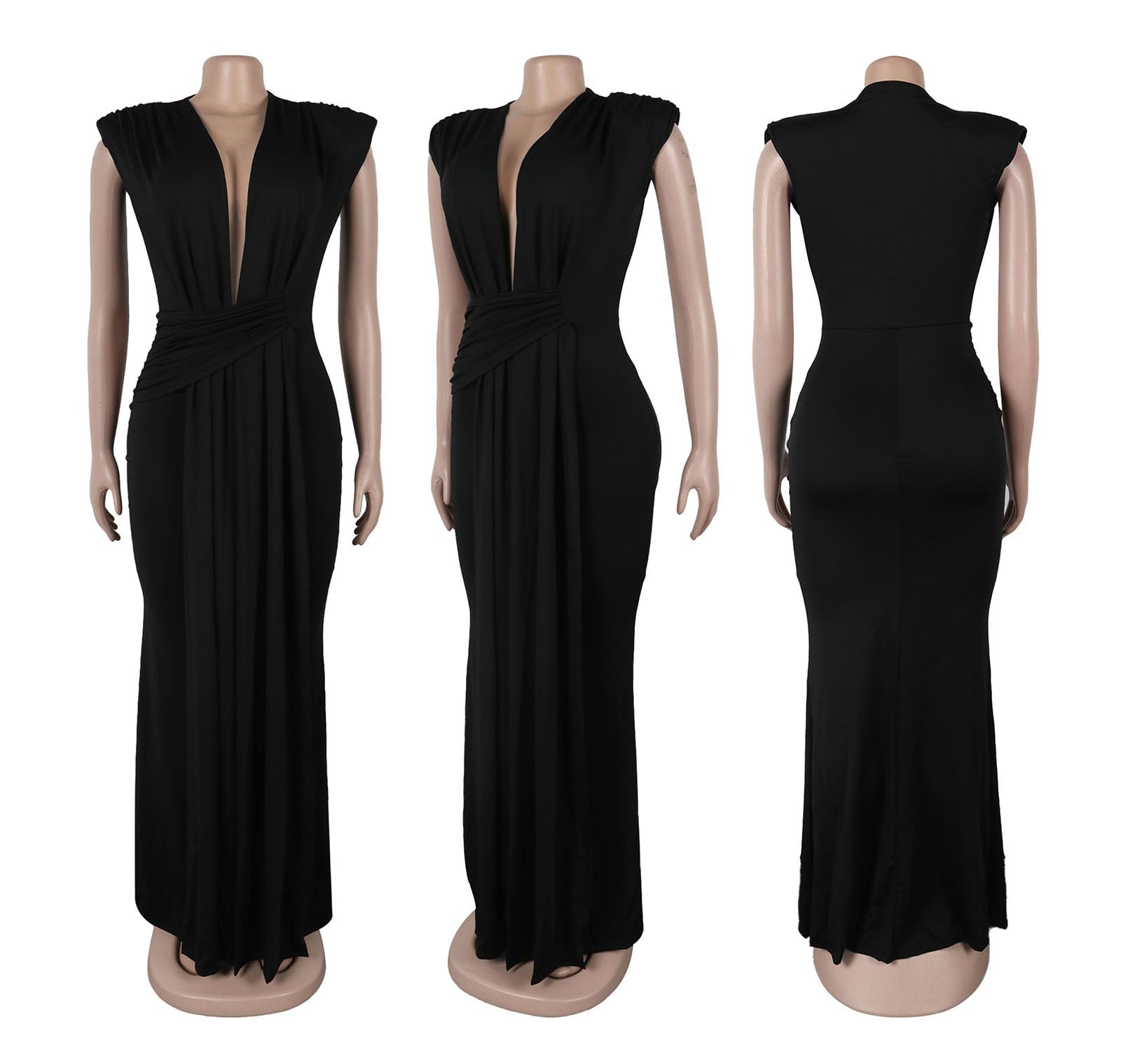 Yuopeid Women's Sexy Sleeveless Deep V Neck Fashion Ruched Bodycon Floor Length Formal Evening Party Maxi Long Dress