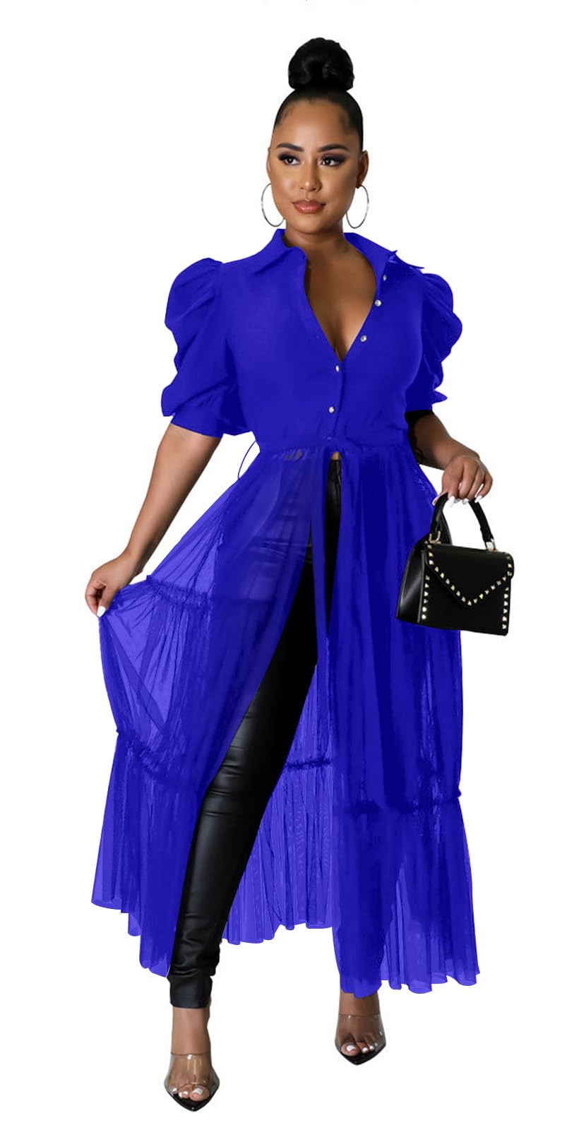 Ekaliy Women's Ruffle Blouse Shirt Asymmetrical Tunic Dress with Belt | Short sleeve,Bodycon,Ruffle,Club ,Party outfits,Asymmetrical Irregular Hem,Tops Blouse Shirt Dress