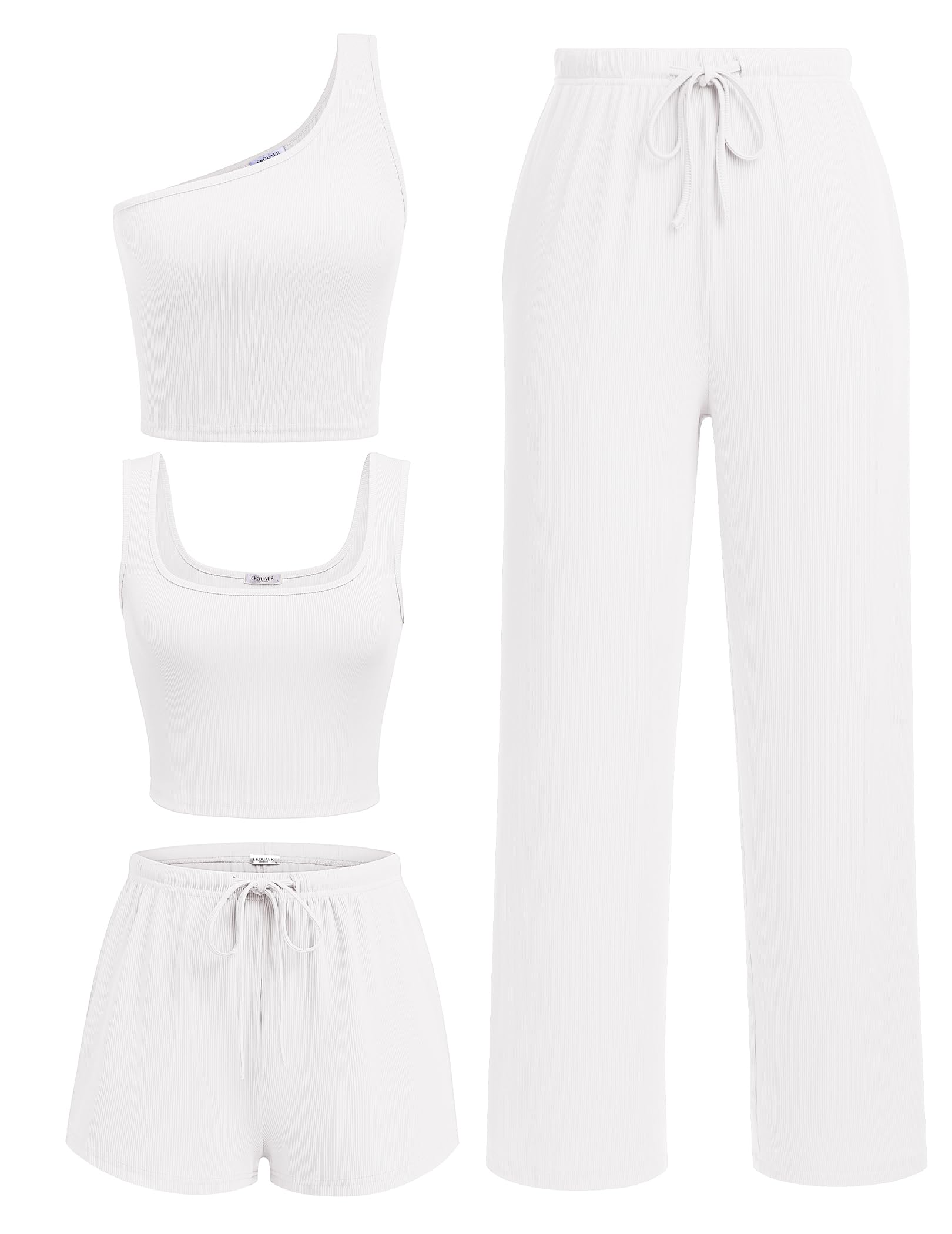 Ekouaer 4 Piece Sets for Women Casual Lounge Sets Summer Vacation Outfits | Knit Fabric,Soft and Comfortable, Tank Top and Long/Short Pant with Pockets, for Leisure,Summer Beach Vacation Day.