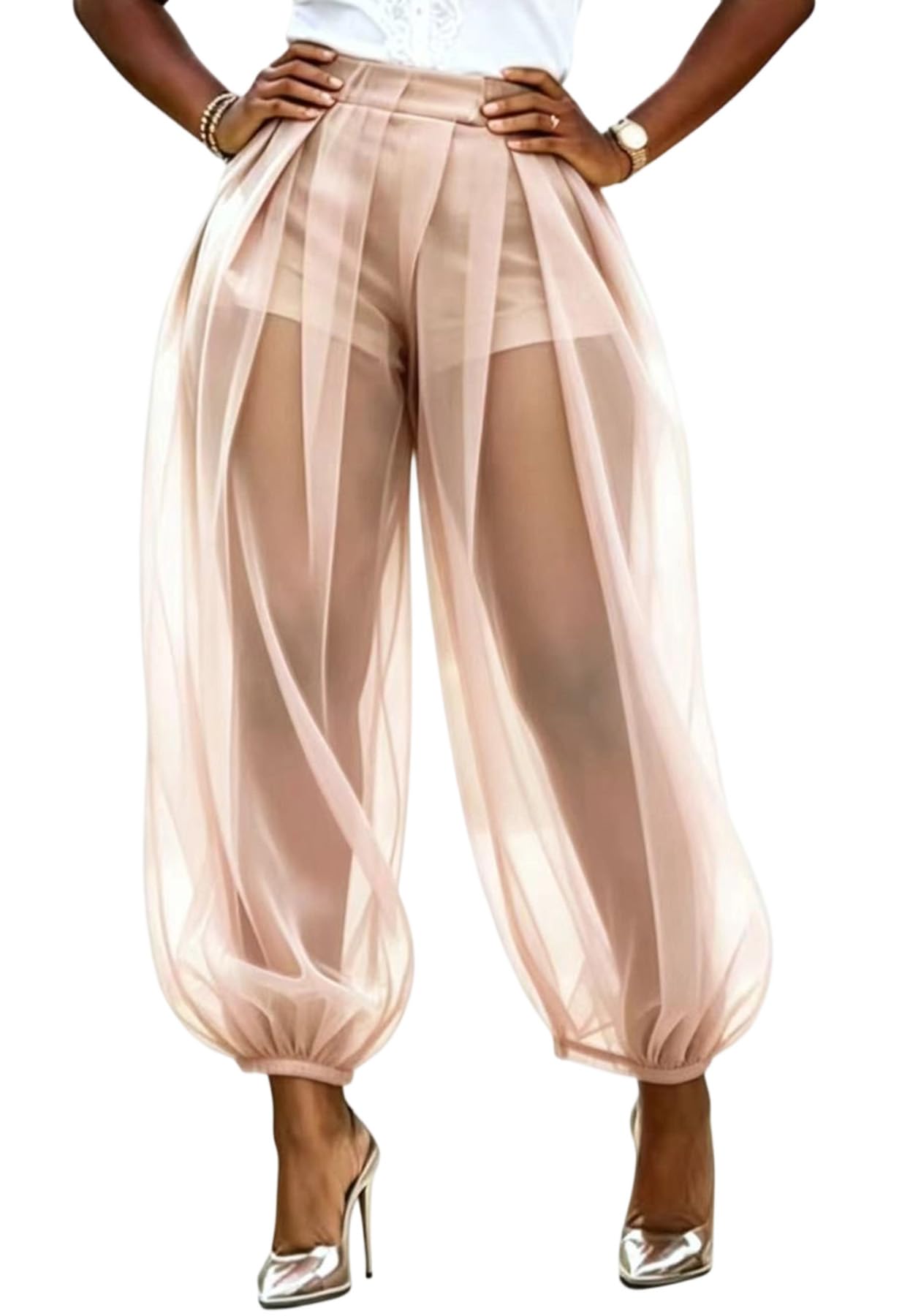 Molisry Women Sheer Mesh Pants Bubble Tulle Patchwork Pants Balloon Trouser | Loose Fit Cover Up Trousers,Built In Shorts Lining