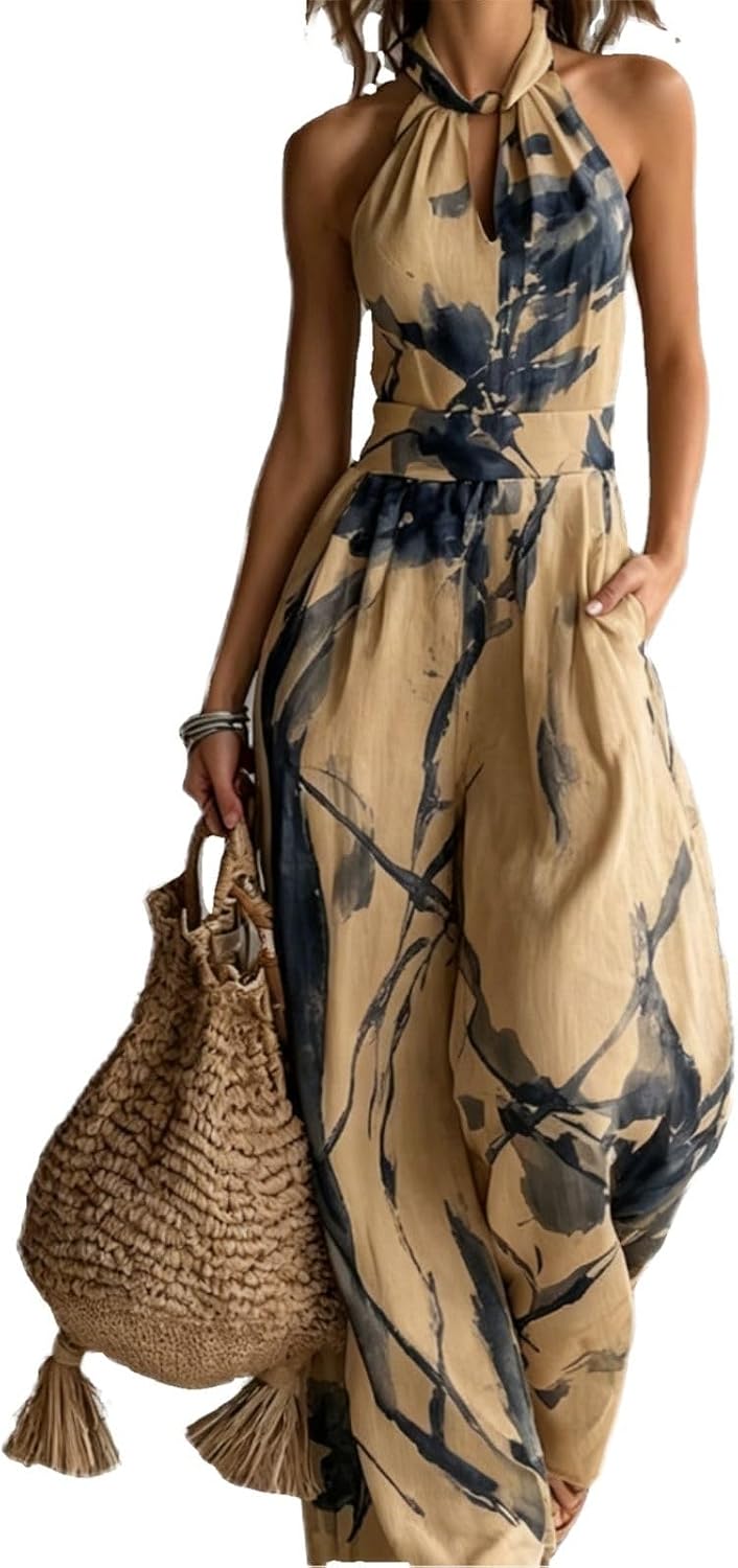 Backless Rompers for Women Casual Ink Printed Sleeveless High Waist Wide Leg Jumpsuit Sexy Halter Boho Vacation Party Outfits