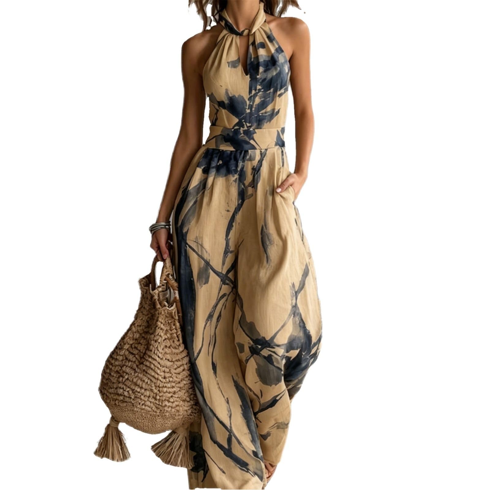 Backless Rompers for Women Casual Ink Printed Sleeveless High Waist Wide Leg Jumpsuit Sexy Halter Boho Vacation Party Outfits