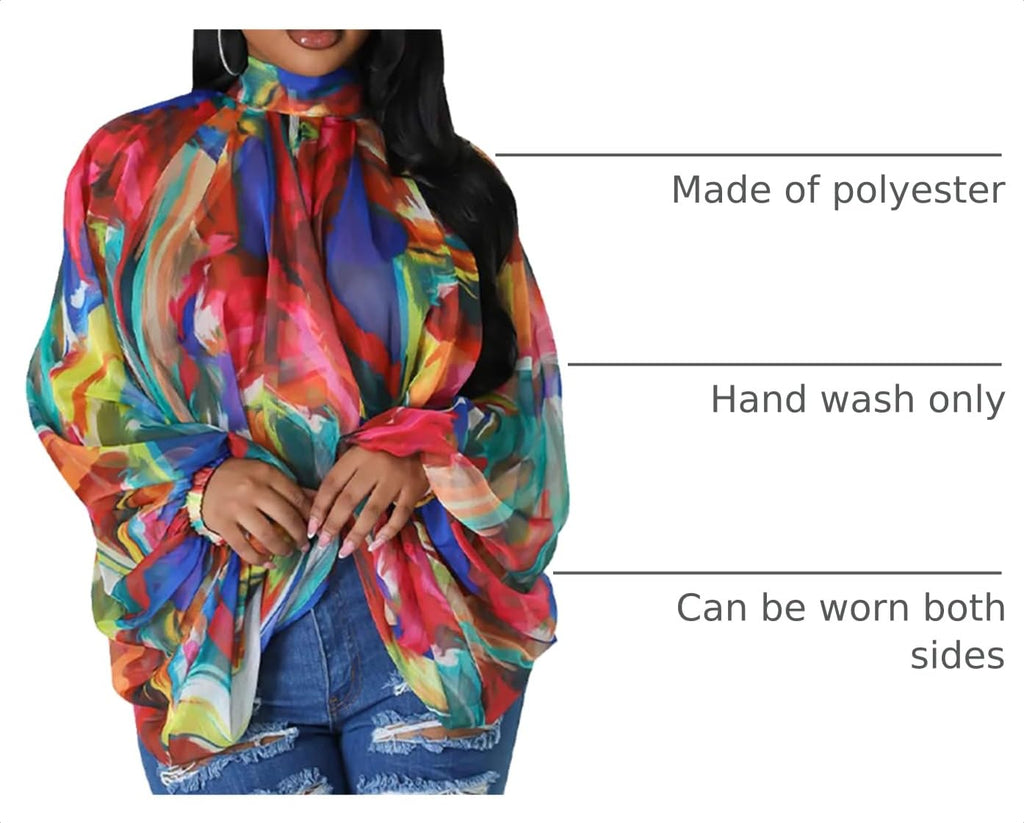 acelyn Women's Sexy See Through Chiffon Sheer Blouses Tops | Lantern Sleeve, Front Back Open, High Neck, Self Tie, Shawl Casual Shirts,Blouses Tops