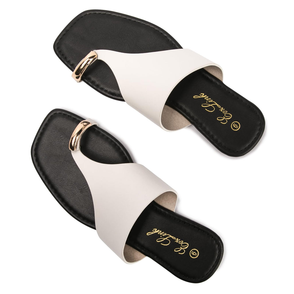 Eozlink Women's Toe Ring Flat Sandals, Slip On Dressy Summer Slides | PU Upper with Square Toe and Metal Accent for Resort and Casual Outfits