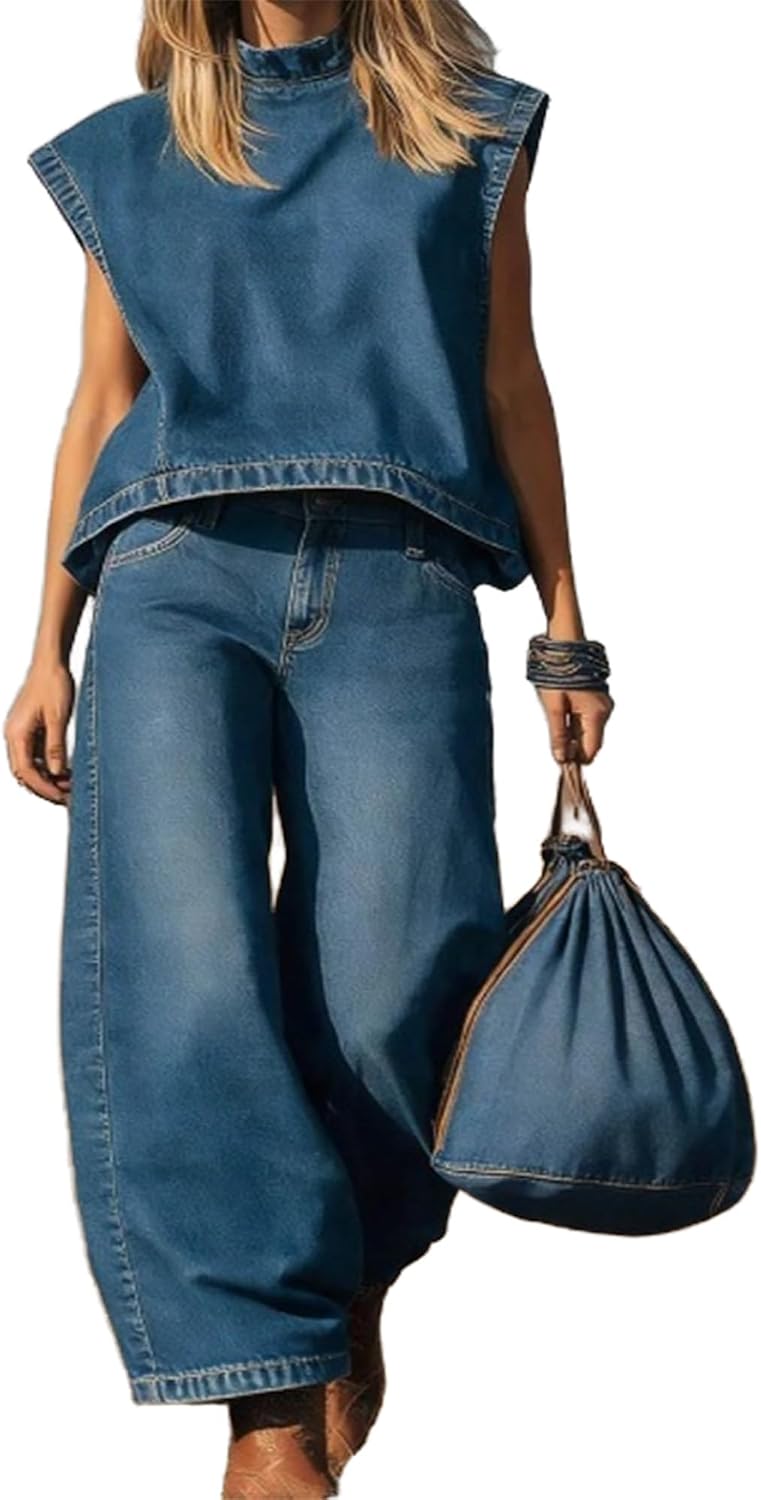 VOIKERDR Women's Denim Set Sleeveless Top and Wide Leg Jeans Vintage Sexy Y2k Outfits Streetwear