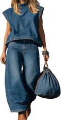 VOIKERDR Women's Denim Set Sleeveless Top and Wide Leg Jeans Vintage Sexy Y2k Outfits Streetwear