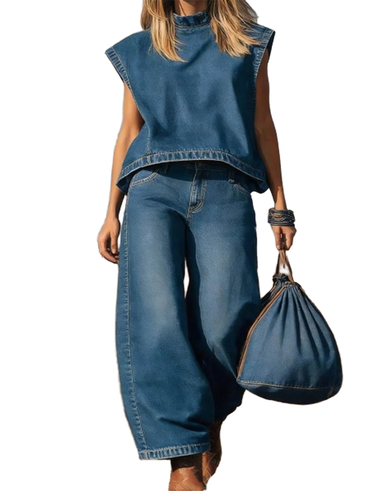 VOIKERDR Women's Denim Set Sleeveless Top and Wide Leg Jeans Vintage Sexy Y2k Outfits Streetwear