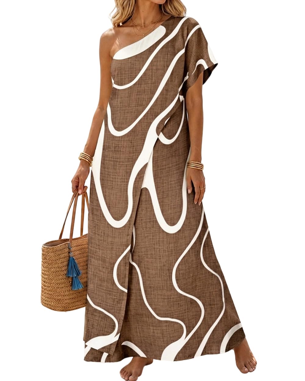 CHICME Maxi Dresses for Women Abstract Print Summer Dress | Womens Summer Dresses, One Shoulder Boho Dress with Pockets, Faux 2 Piece Casual Dresses, Vacation, Beach Dress Wedding Guest