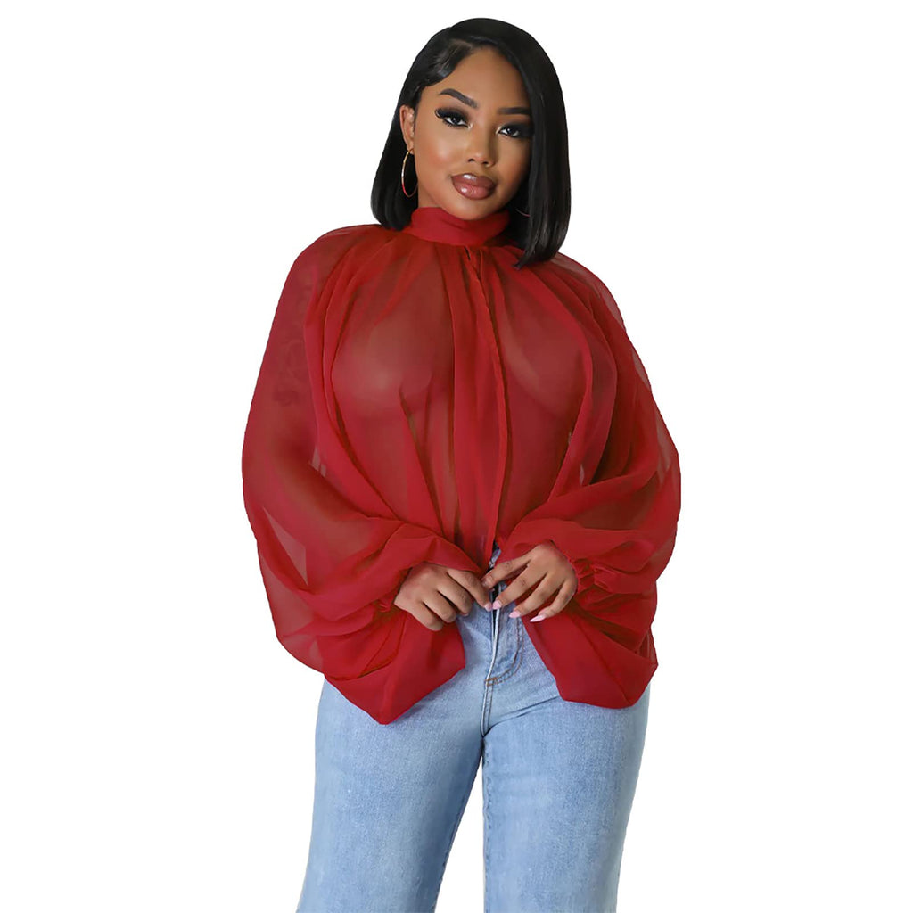 acelyn Women's Sexy See Through Chiffon Sheer Blouses Tops | Lantern Sleeve, Front Back Open, High Neck, Self Tie, Shawl Casual Shirts,Blouses Tops