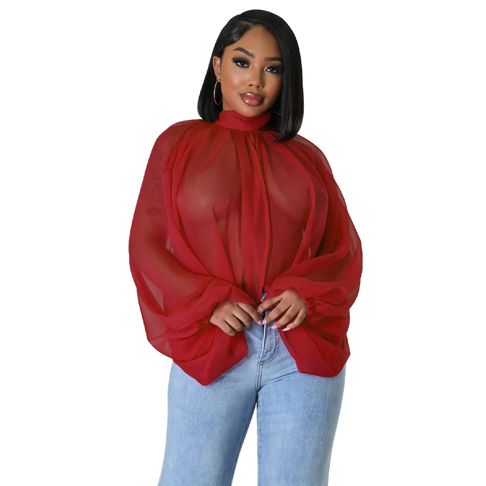 acelyn Women's Sexy See Through Chiffon Sheer Blouses Tops | Lantern Sleeve, Front Back Open, High Neck, Self Tie, Shawl Casual Shirts,Blouses Tops