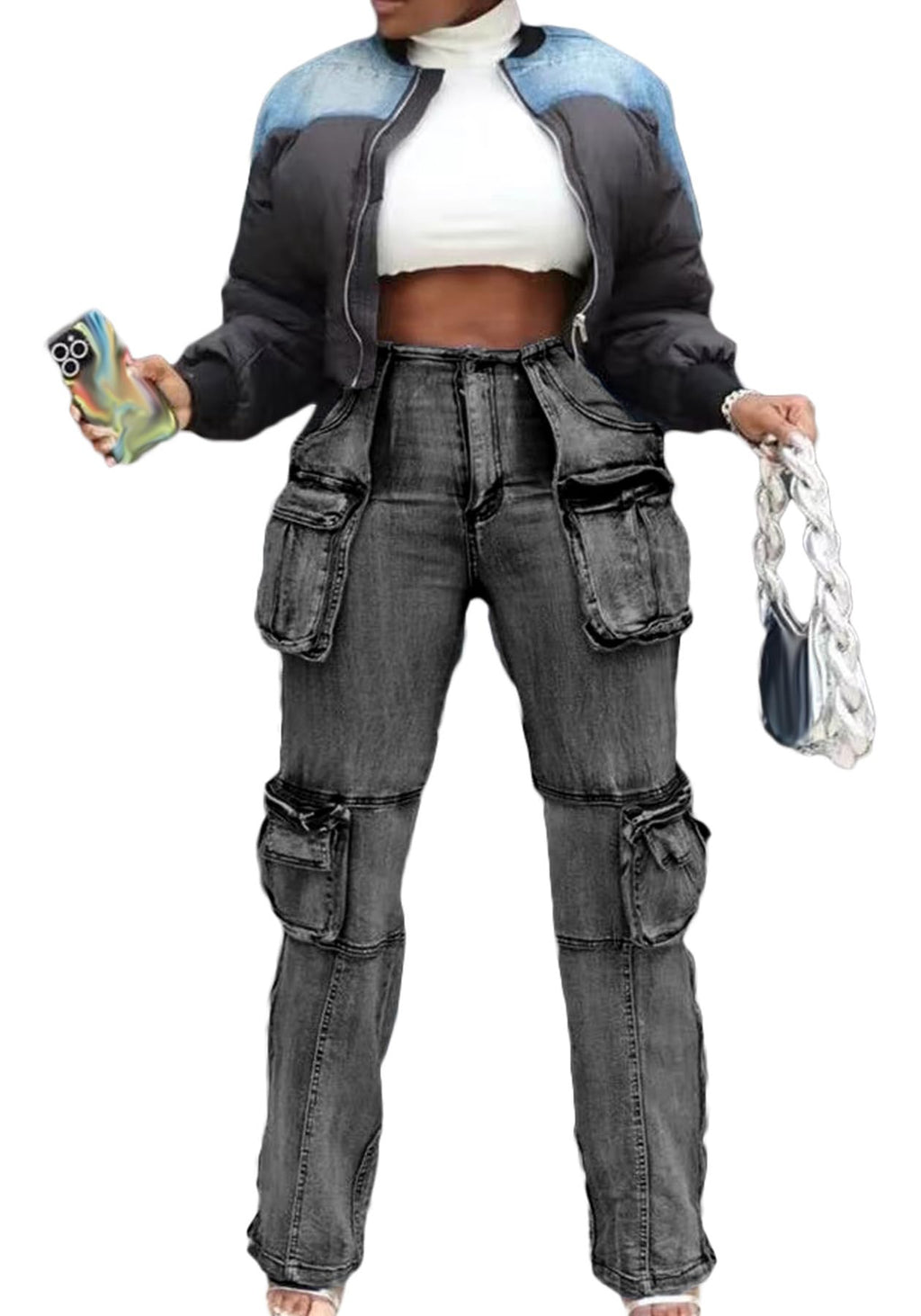 Women's Novelty Fashion Zip Side Slit High Waist Denim Jeans Pants with Multi Pockets